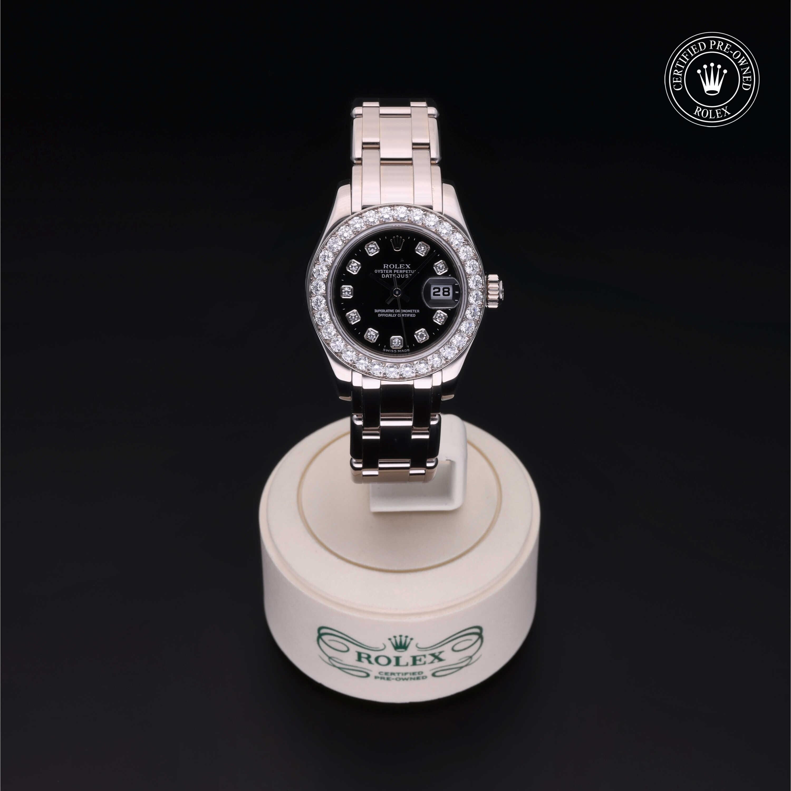 Rolex CPO Pearlmaster M80299 front on white background