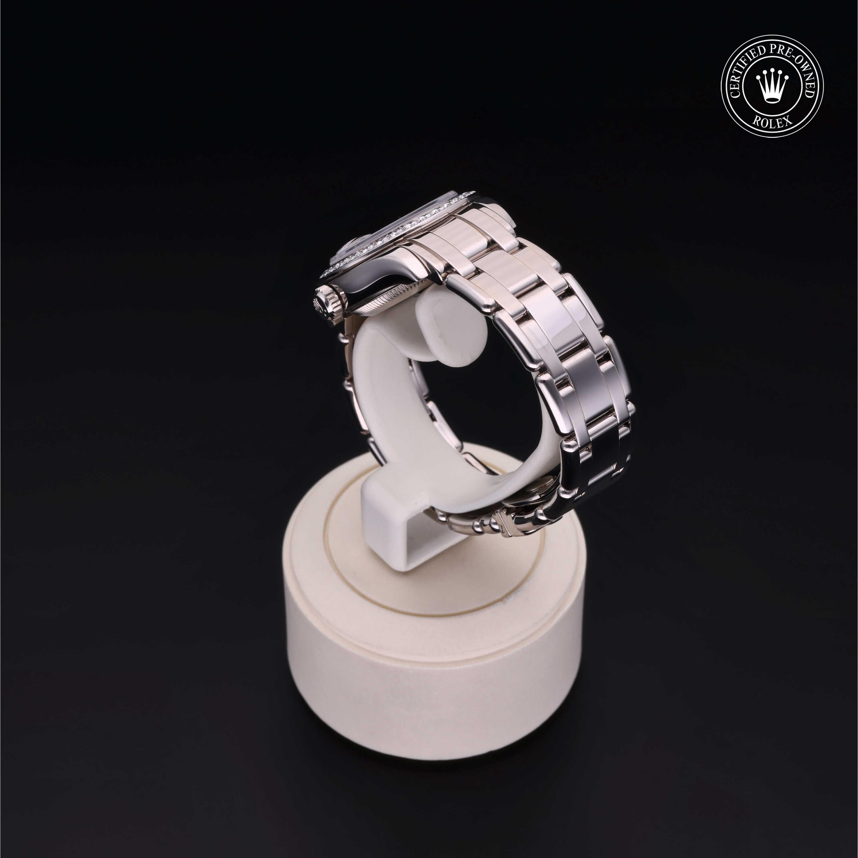 Rolex CPO Pearlmaster M80299 front on white background