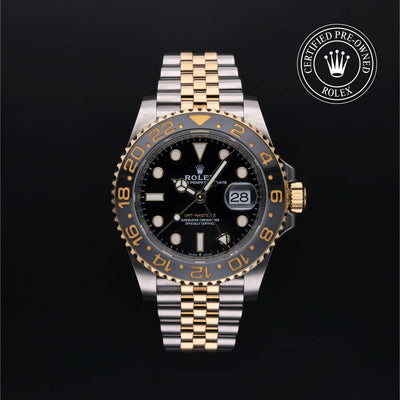 Rolex Certified Pre-owned GMT II M126713GRNR-0001 front on black background