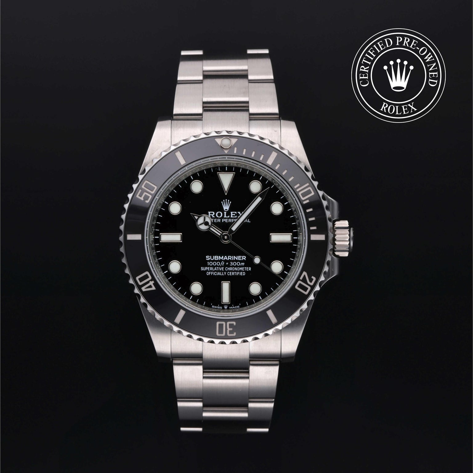 Rolex Certified Pre-owned Submariner M124060-0001 front on black background