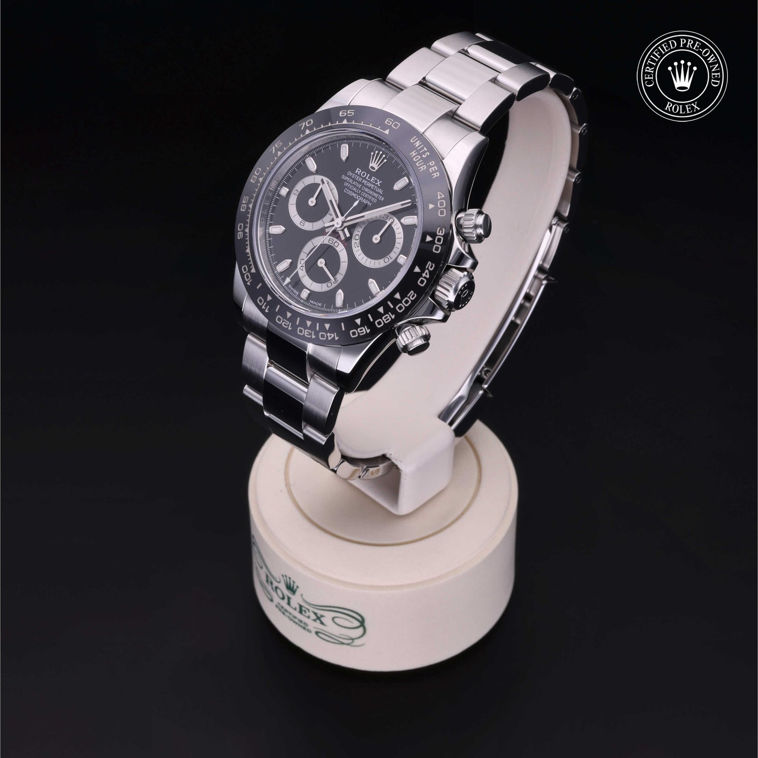 Rolex Certified Pre-owned Daytona M116500LN-0002 front on black background