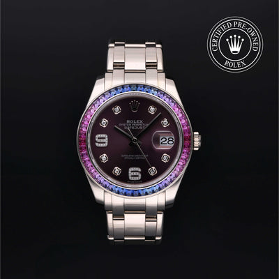 Rolex CPO Pearlmaster M86349SAFUBL front on white background