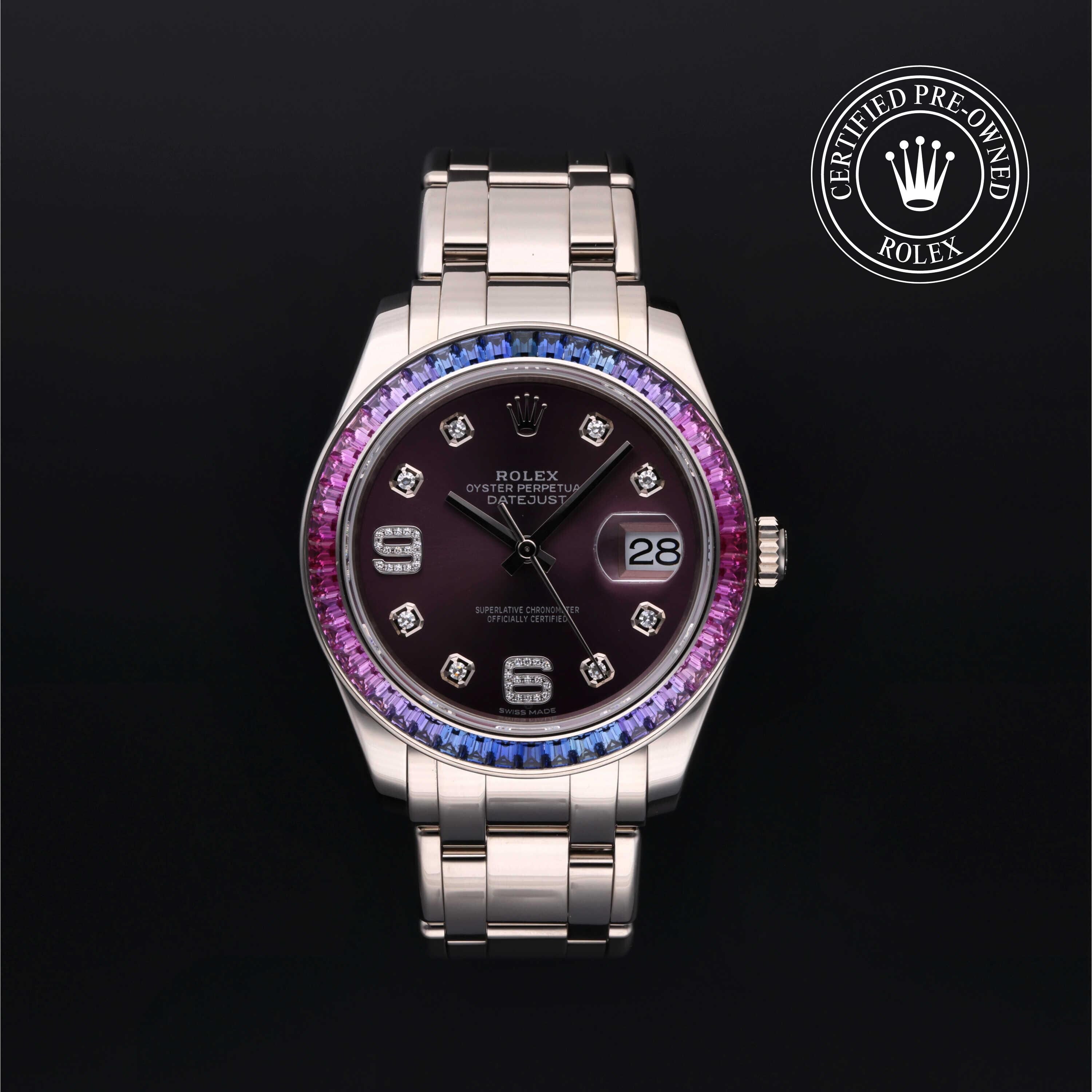 Rolex CPO Pearlmaster M86349SAFUBL front on white background