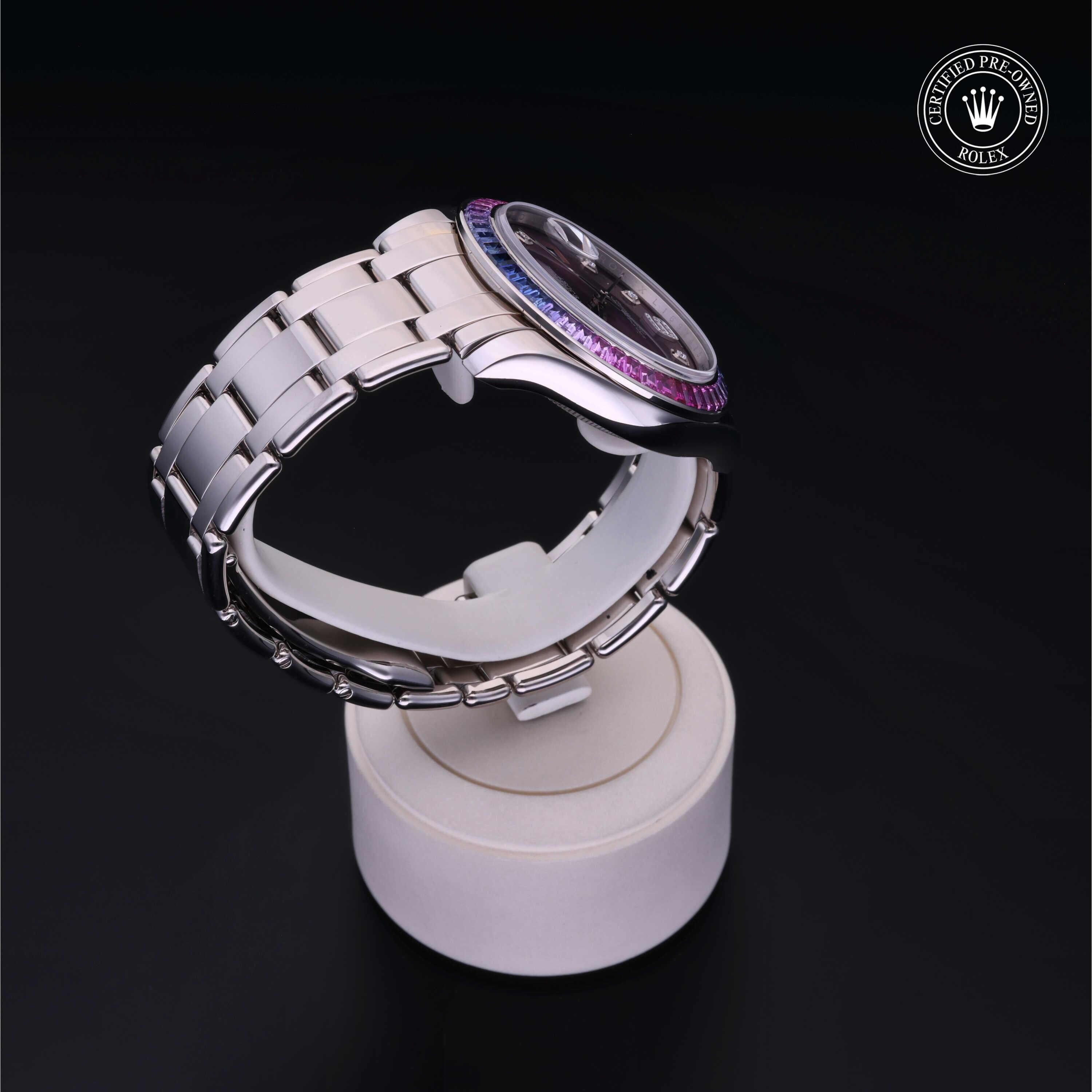 Rolex CPO Pearlmaster M86349SAFUBL front on white background