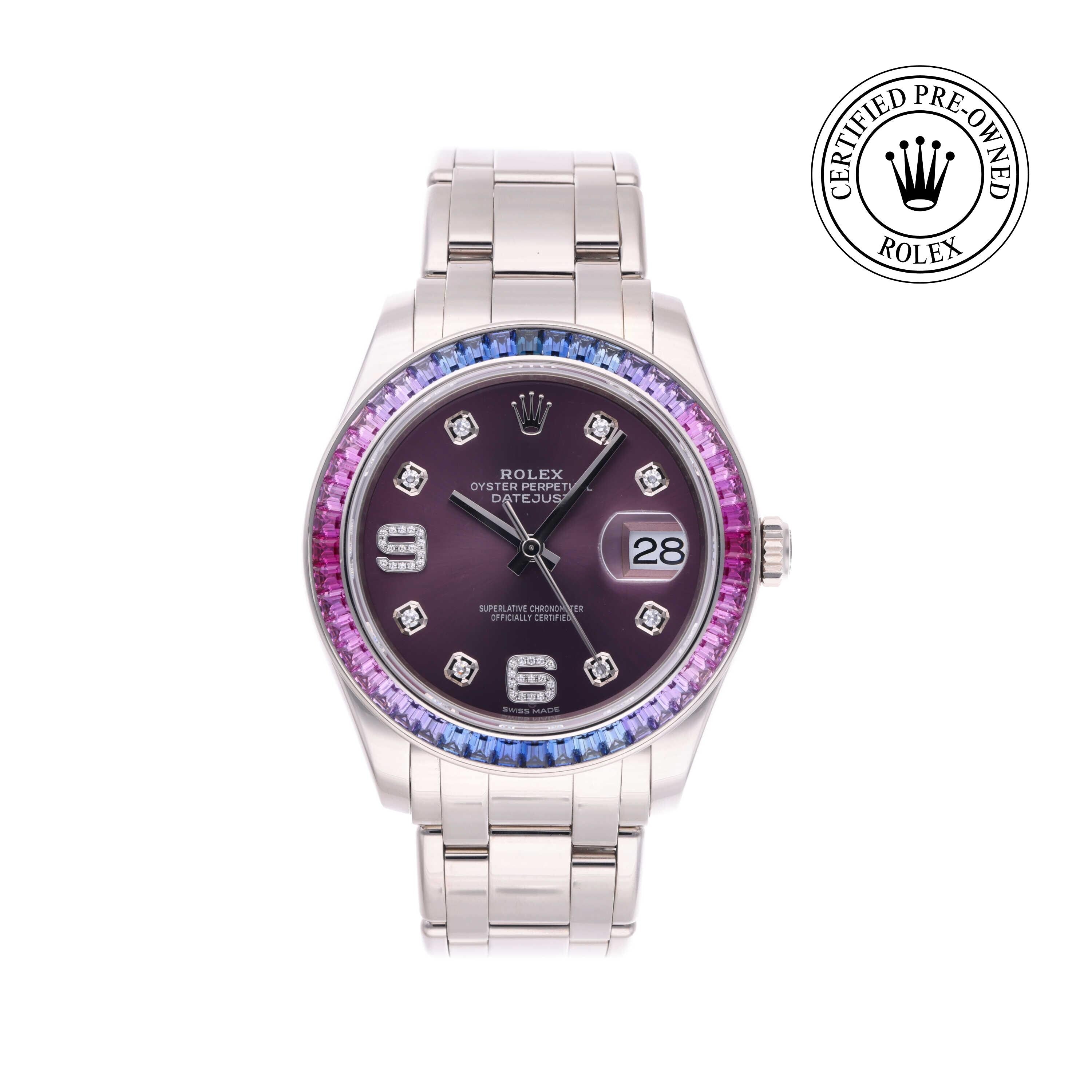 Rolex CPO Pearlmaster M86349SAFUBL front on white background