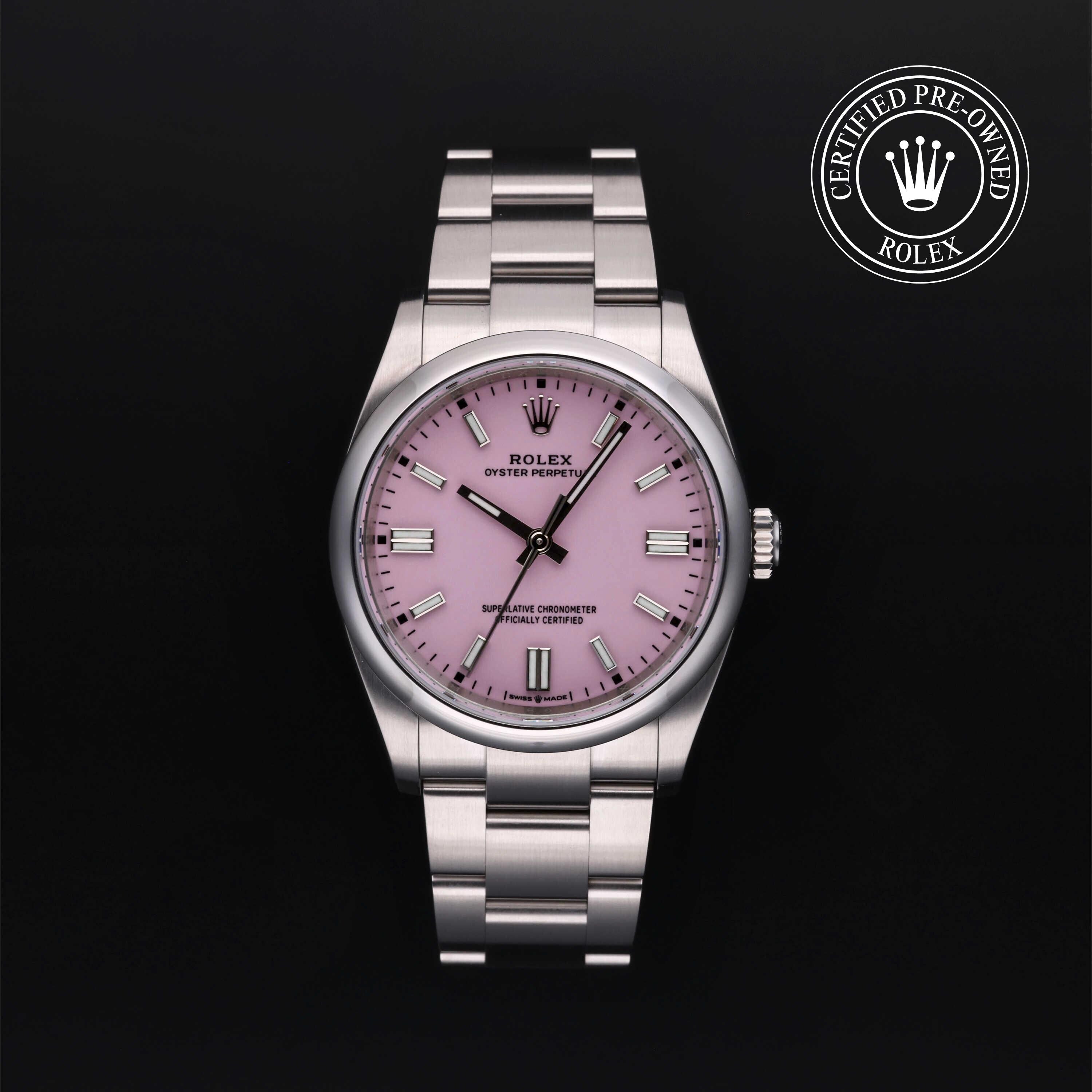 Rolex Certified Pre-owned Oyster Perpetual M126000-0008 front on black background