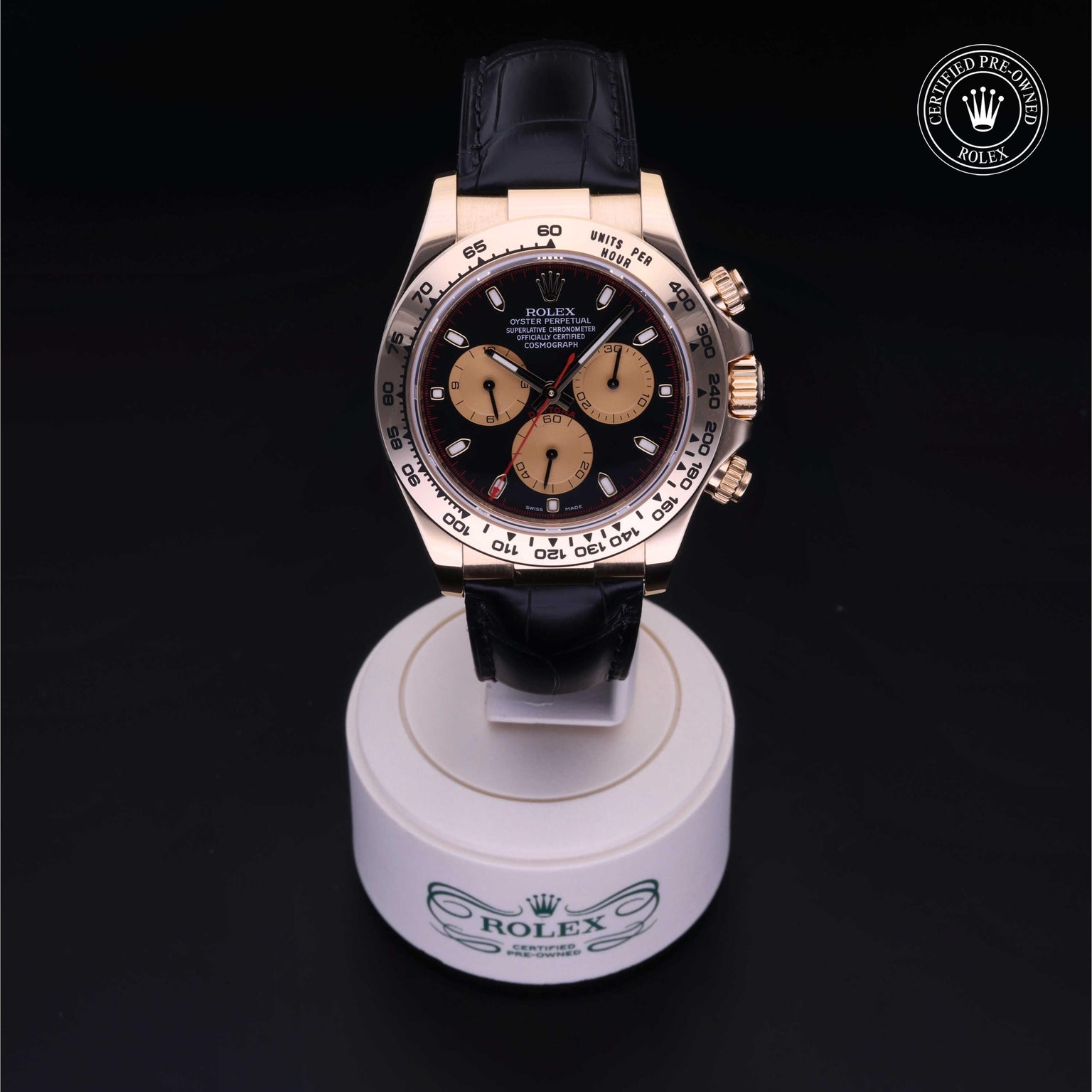 Rolex Certified Pre-owned Daytona M116518-0037 front on black background