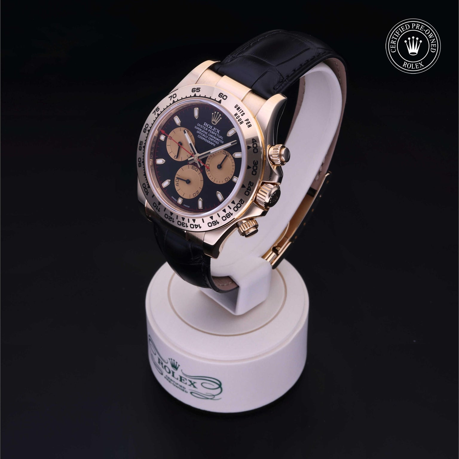 Rolex Certified Pre-owned Daytona M116518-0037 front on black background