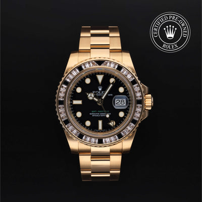 Rolex Certified Pre-owned GMT M116748SANR-0001 front on black background