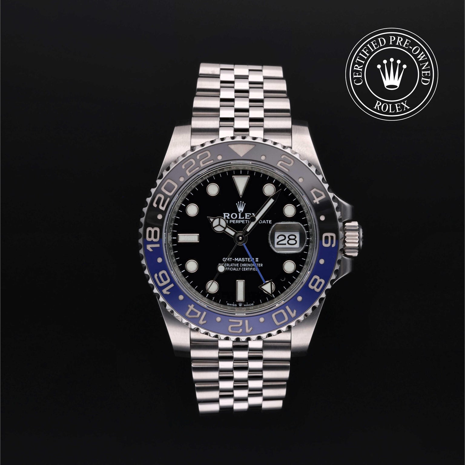 Rolex Certified Pre-owned GMT M126710BLNR-0002 front on black background
