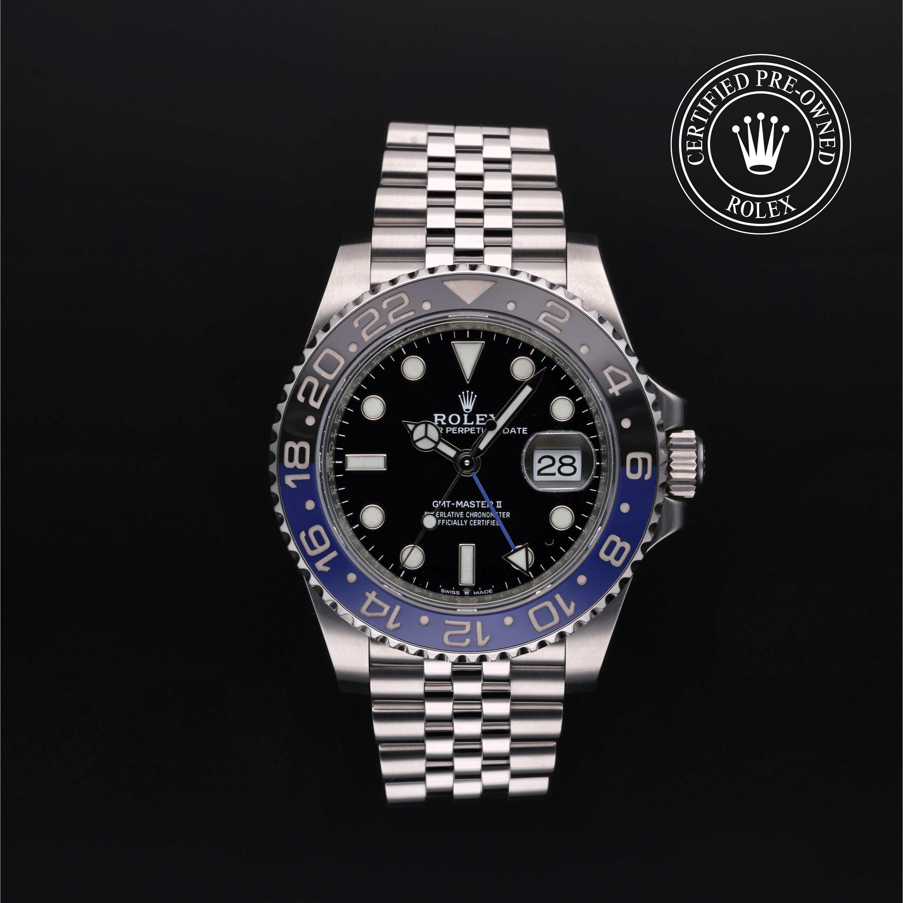 Rolex Certified Pre-owned GMT M126710BLNR-0002 front on black background