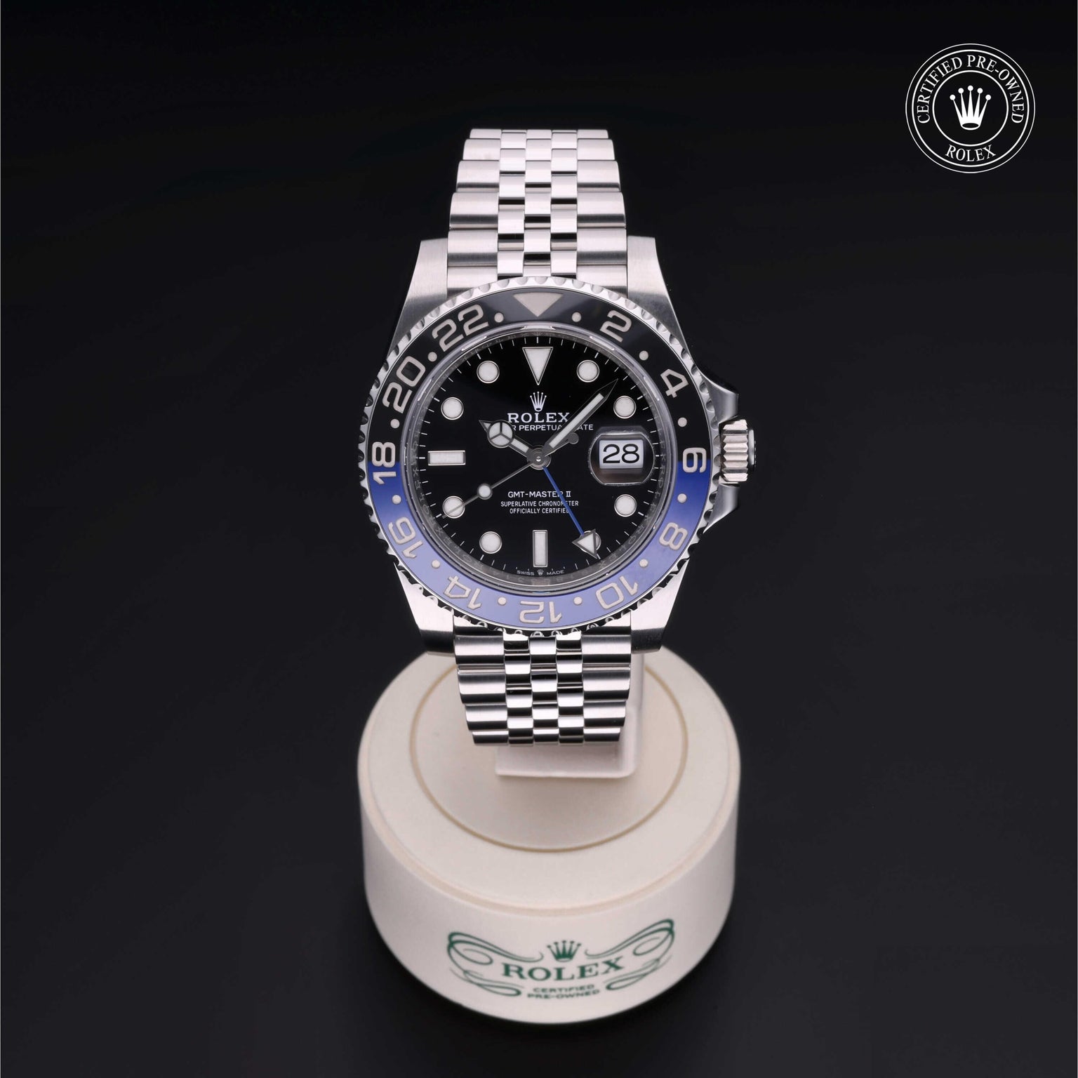 Rolex Certified Pre-owned GMT M126710BLNR-0002 front on black background
