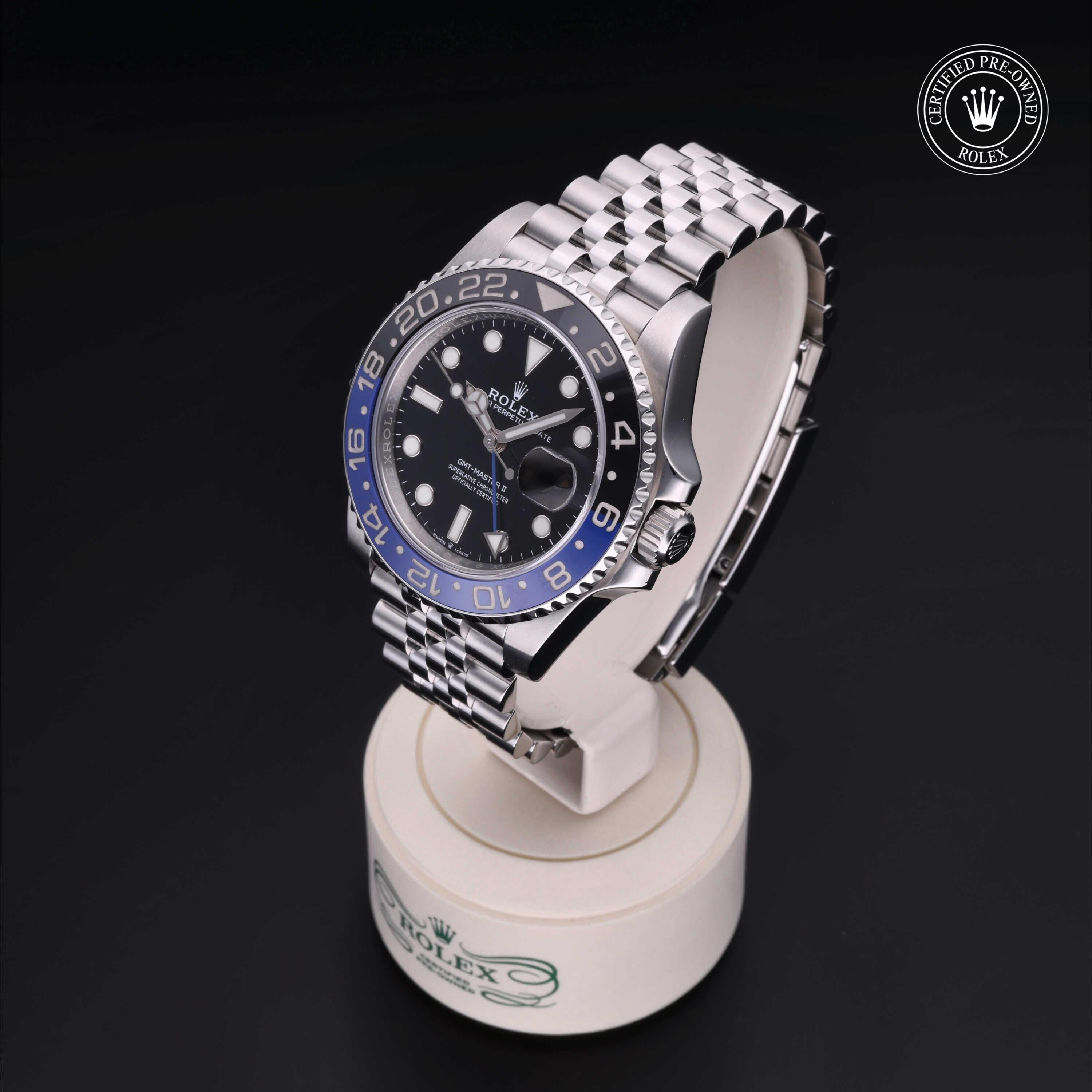 Rolex Certified Pre-owned GMT M126710BLNR-0002 front on black background