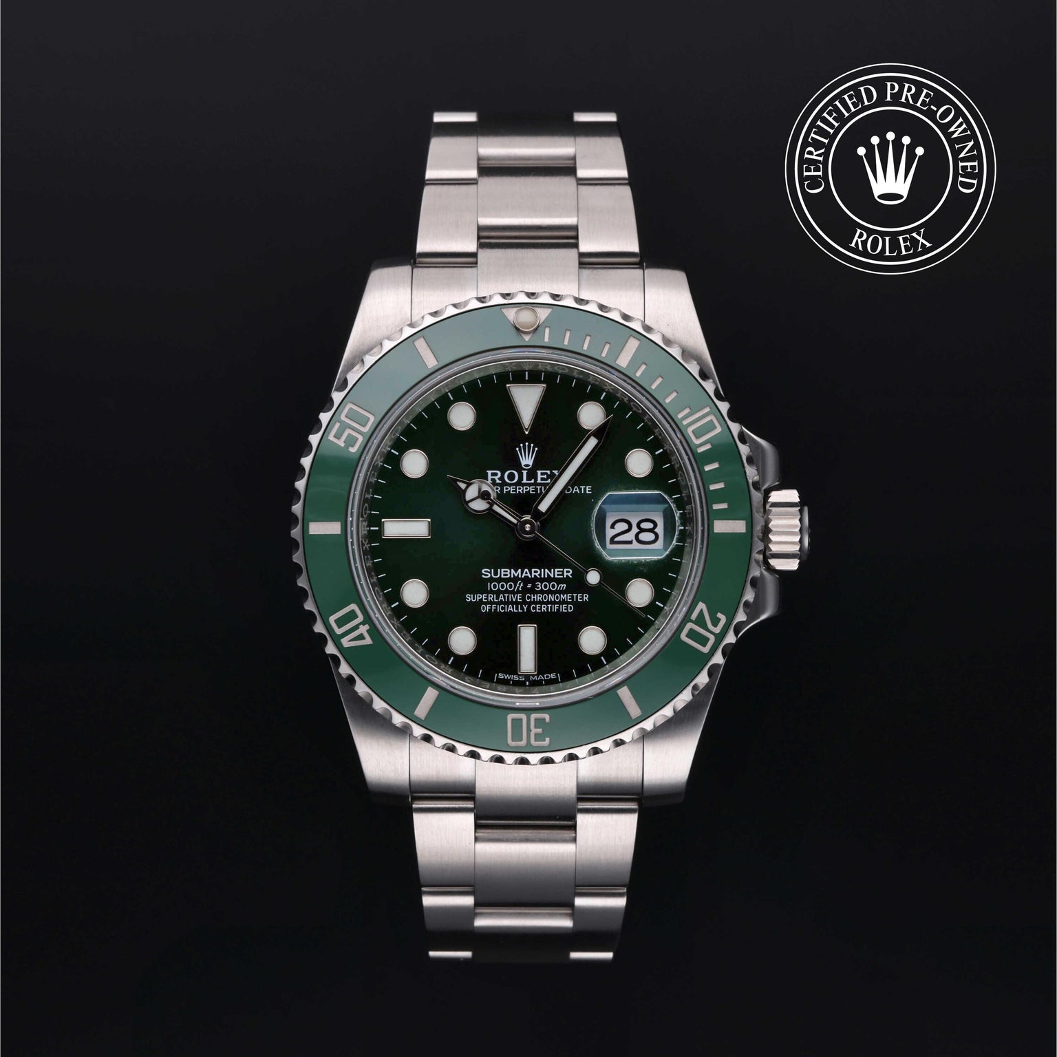 Rolex Certified Pre-owned Submariner M116610LV-0002 front on black background