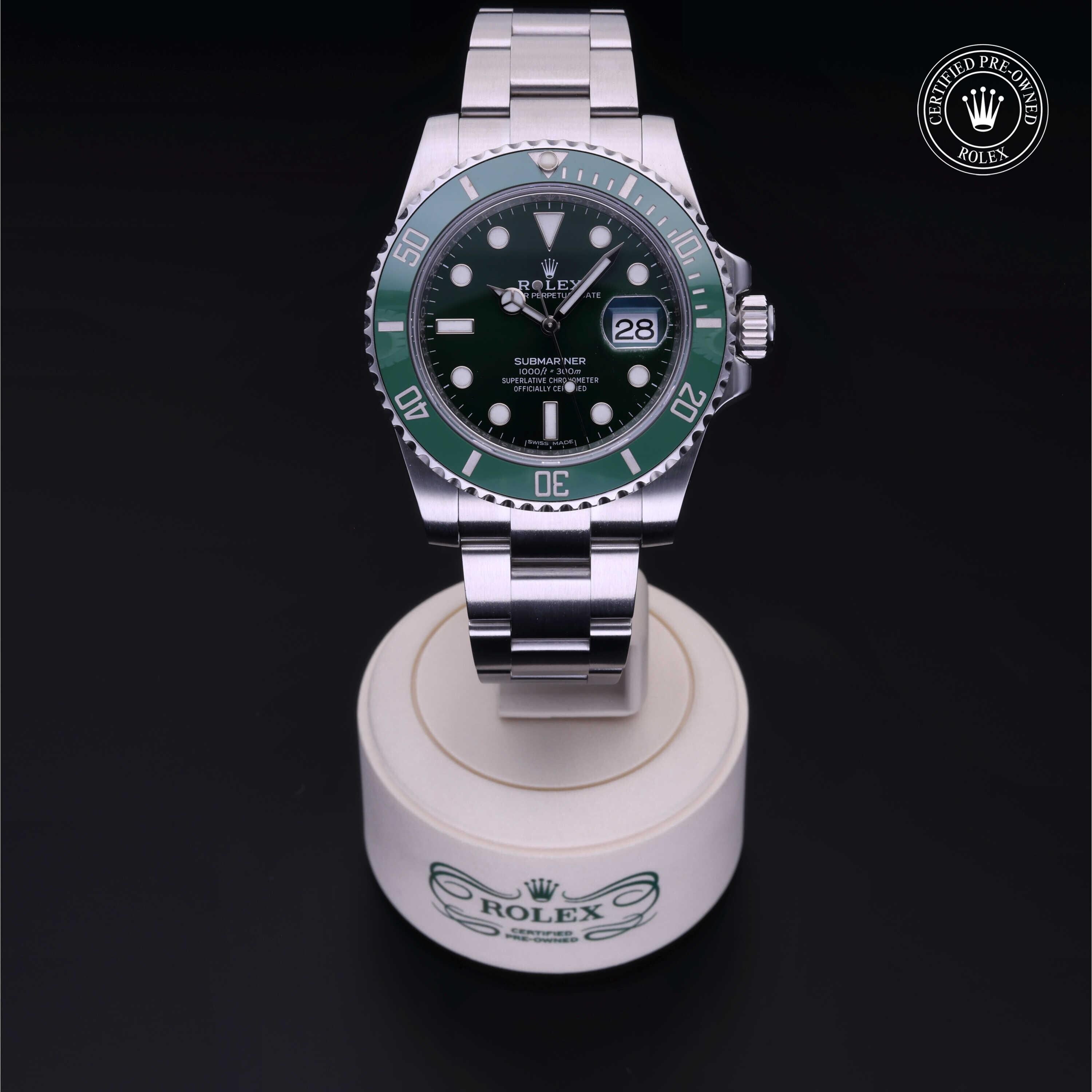 Rolex Certified Pre-owned Submariner M116610LV-0002 front on black background