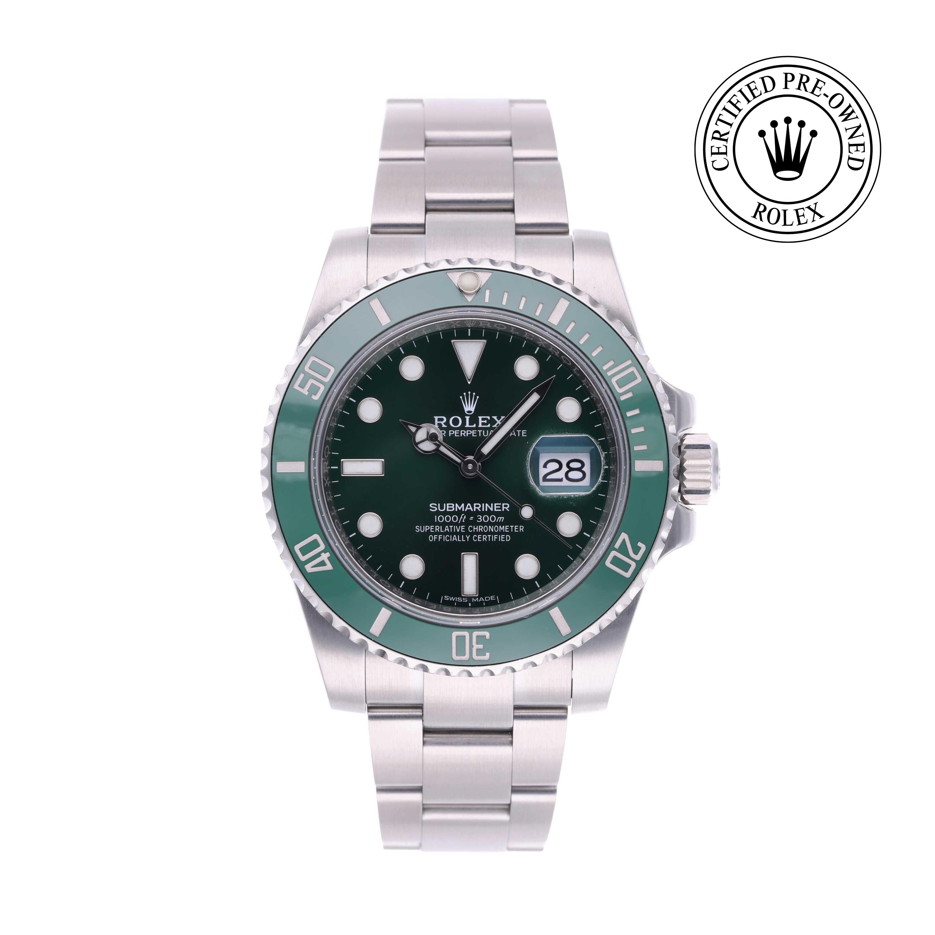 Rolex Certified Pre-owned Submariner M116610LV-0002 front on white background