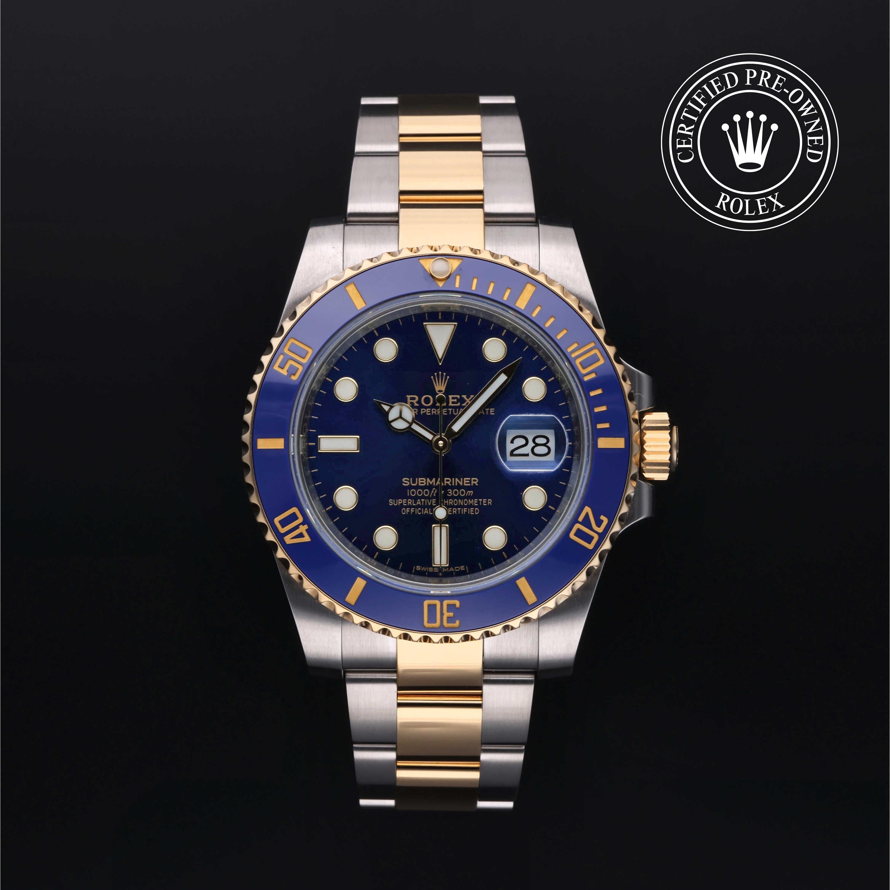 Rolex Certified Pre-owned Submariner M116613LB-0005 front on black background