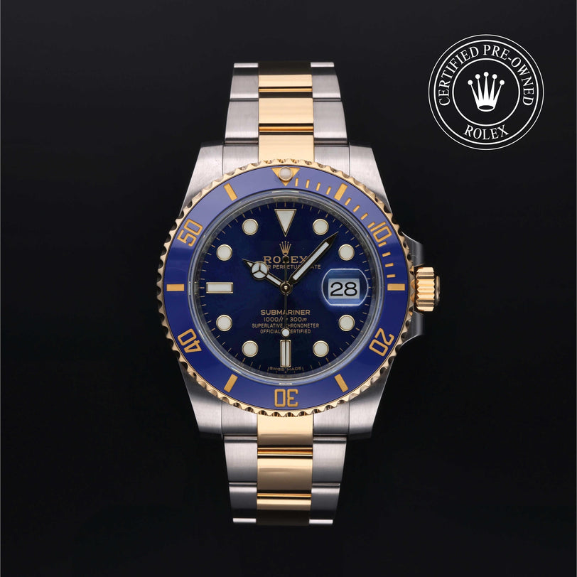 Rolex Certified Pre-owned Submariner M116613LB-0005 front on black background