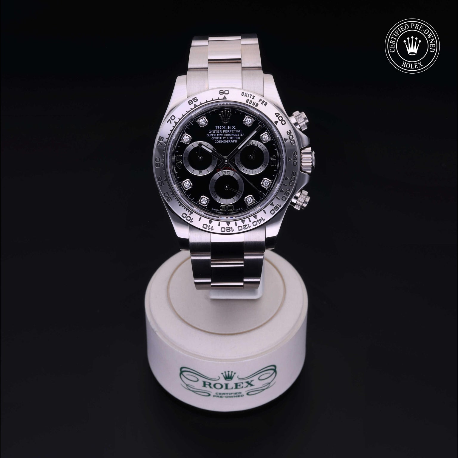 Rolex Certified Pre-owned Daytona M116509-0055 front on black background