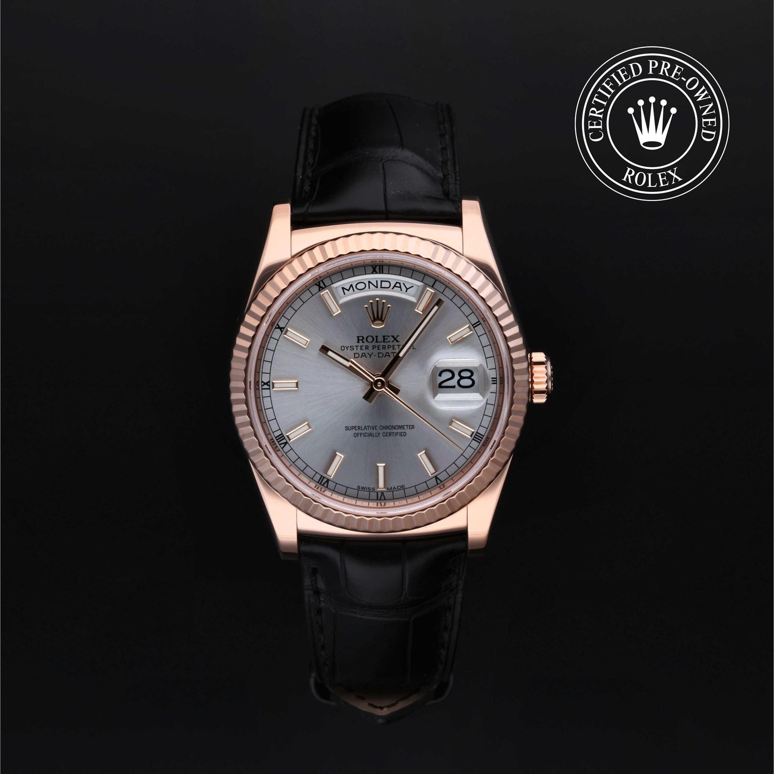 Rolex Certified Pre-owned Day-date M118135-0005 front on black background
