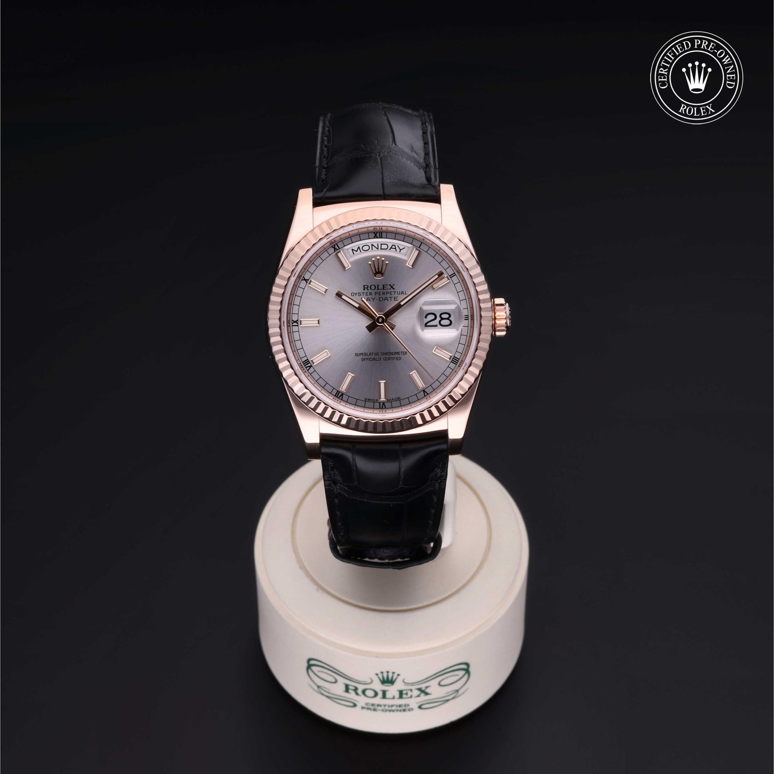 Rolex Certified Pre-owned Day-date M118135-0005 front on black background