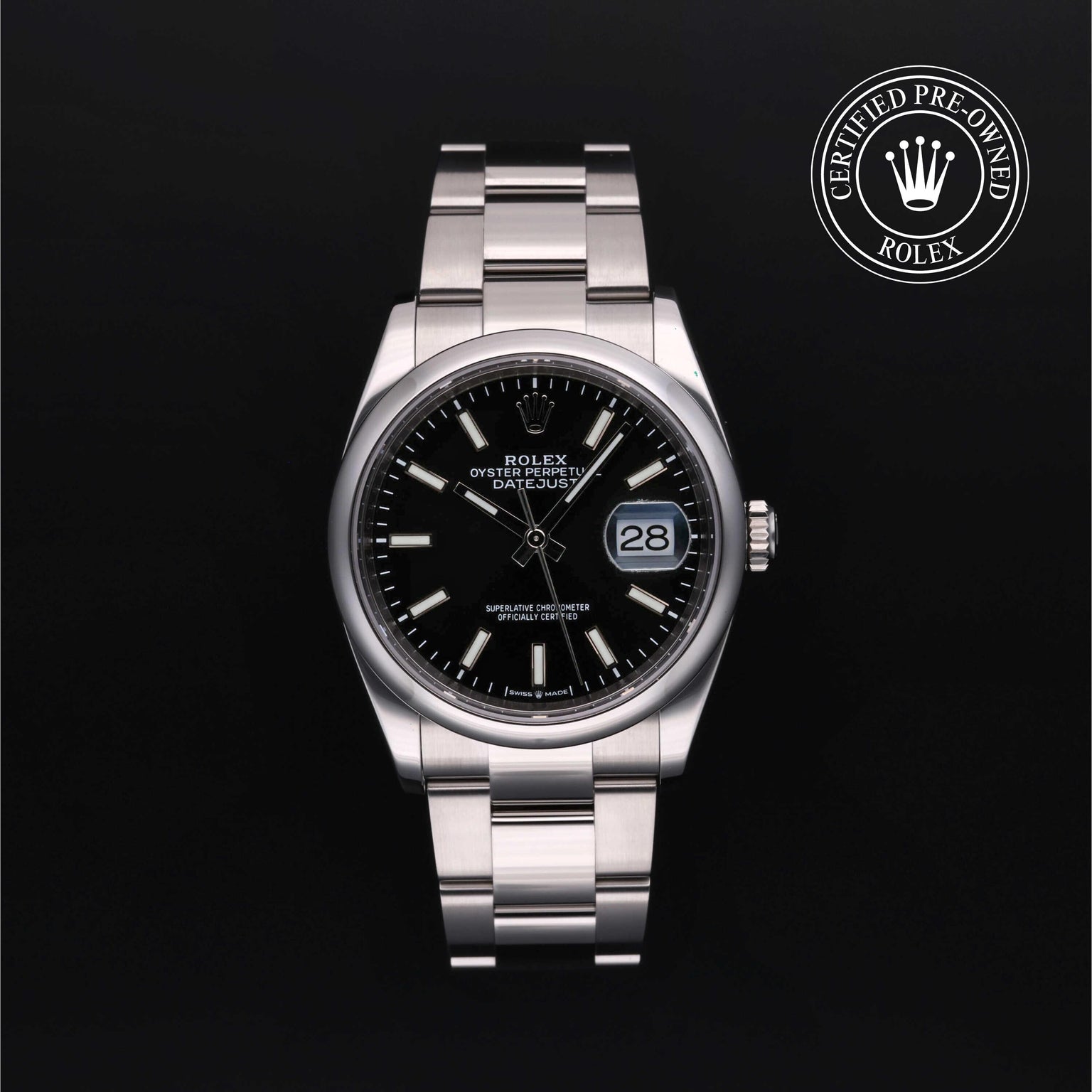 Rolex Certified Pre-owned Datejust M126200-0004 front on black background