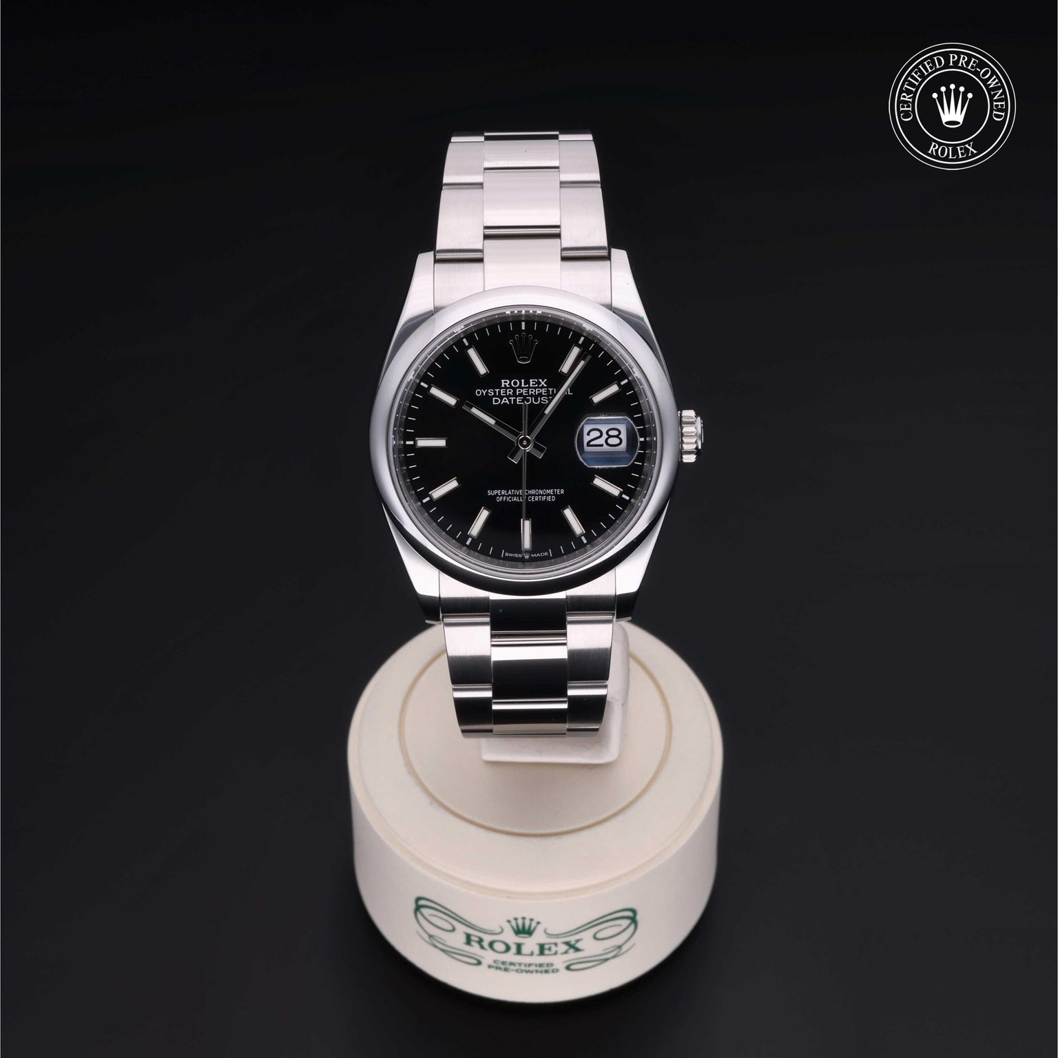 Rolex Certified Pre-owned Datejust M126200-0004 front on black background