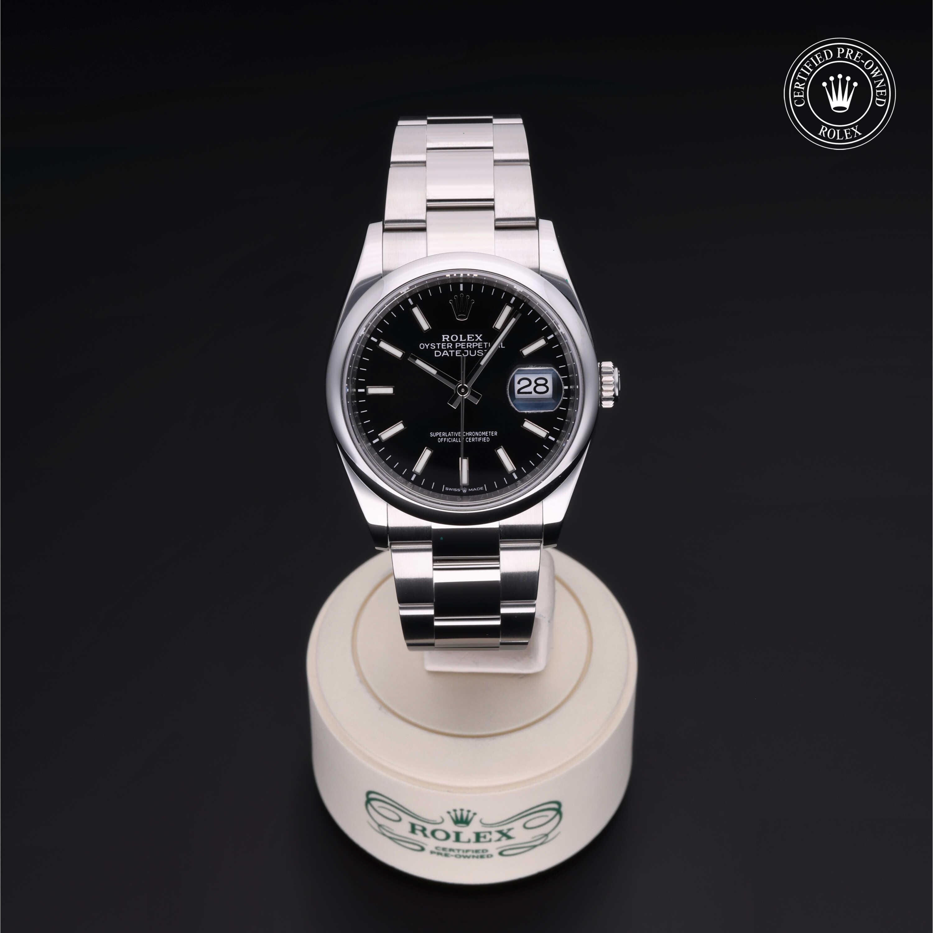 Rolex Certified Pre-owned Datejust M126200-0004 front on black background