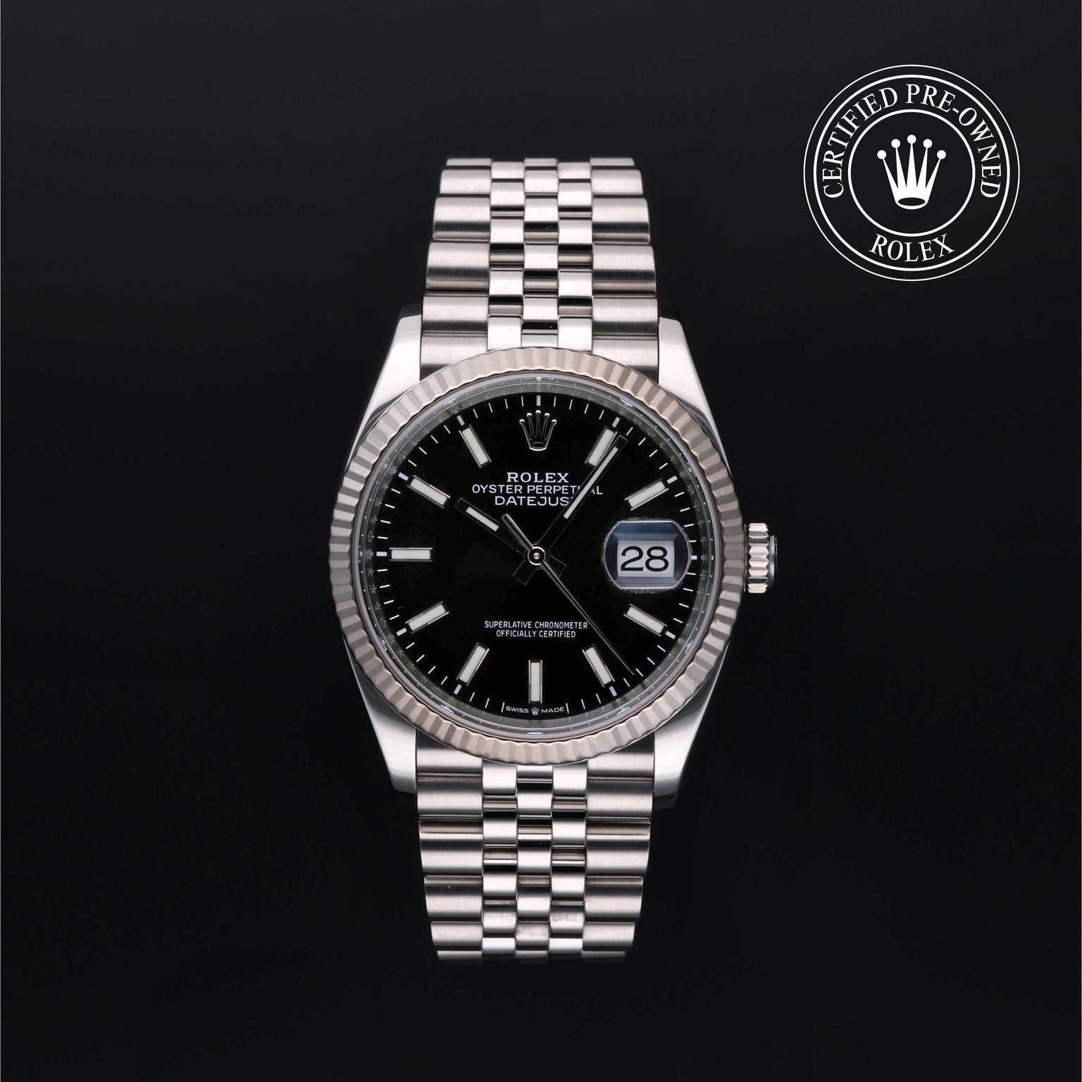 Rolex Certified Pre-owned Datejust M126234-0015 front on black background
