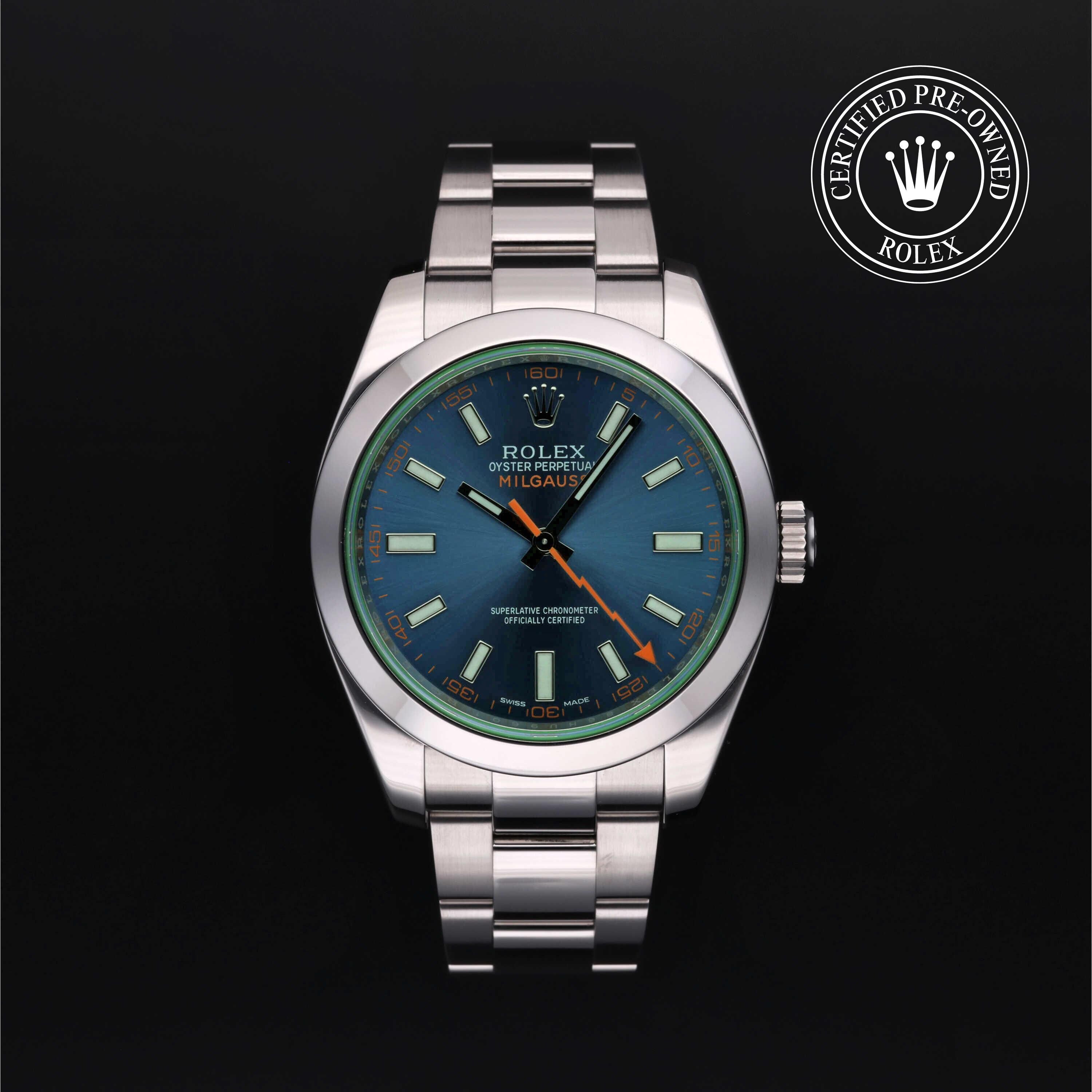 Rolex CPO Milgauss M116400GV front on white background