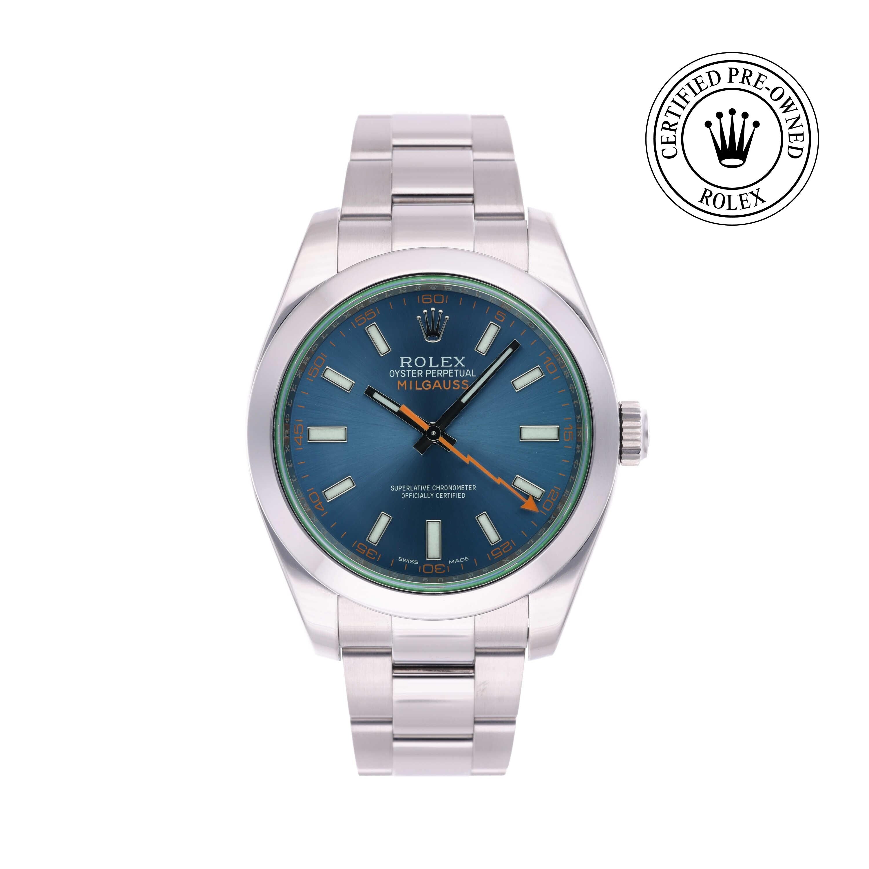 Rolex CPO Milgauss M116400GV front on white background
