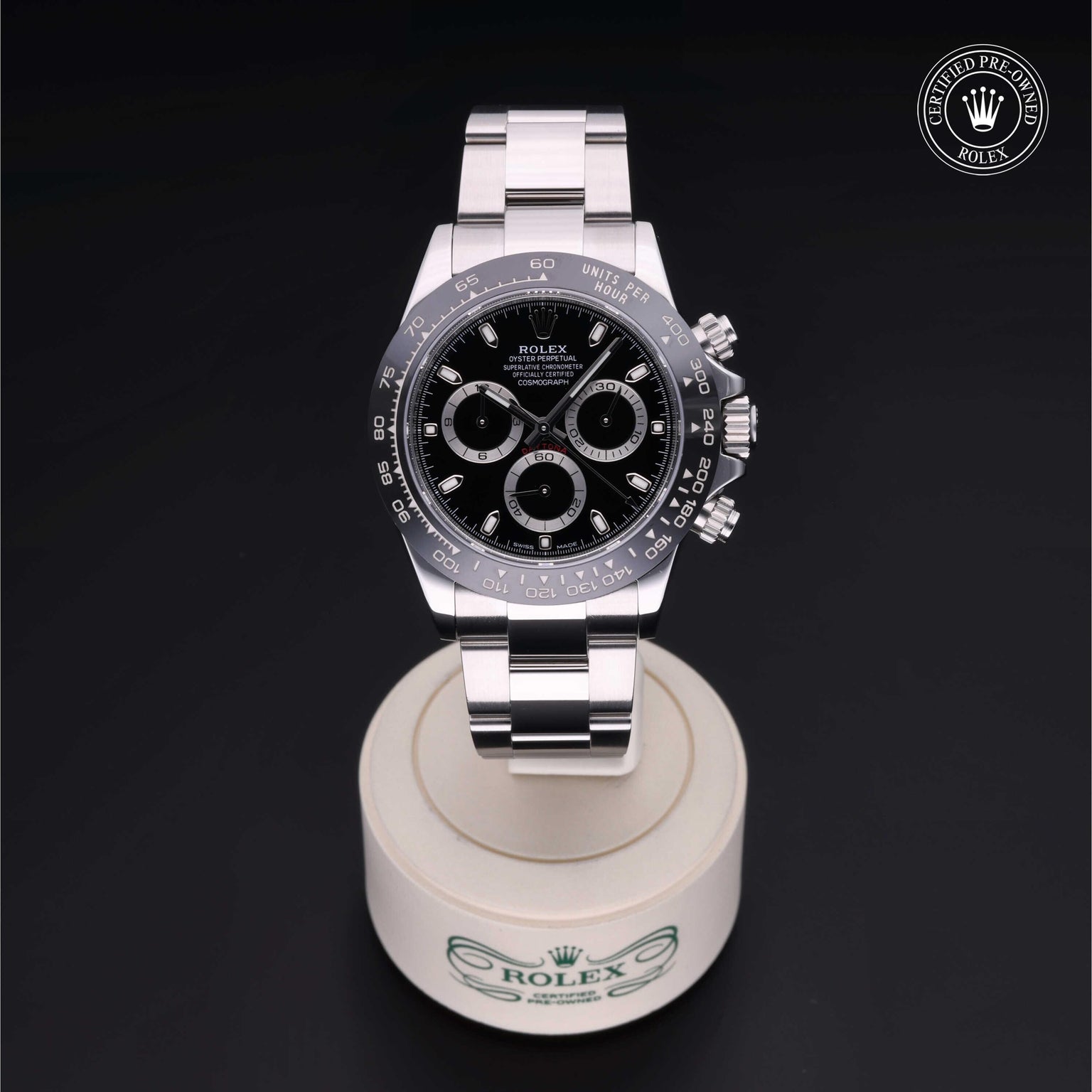 Rolex Certified Pre-owned Daytona M116500LN-0002 front on black background