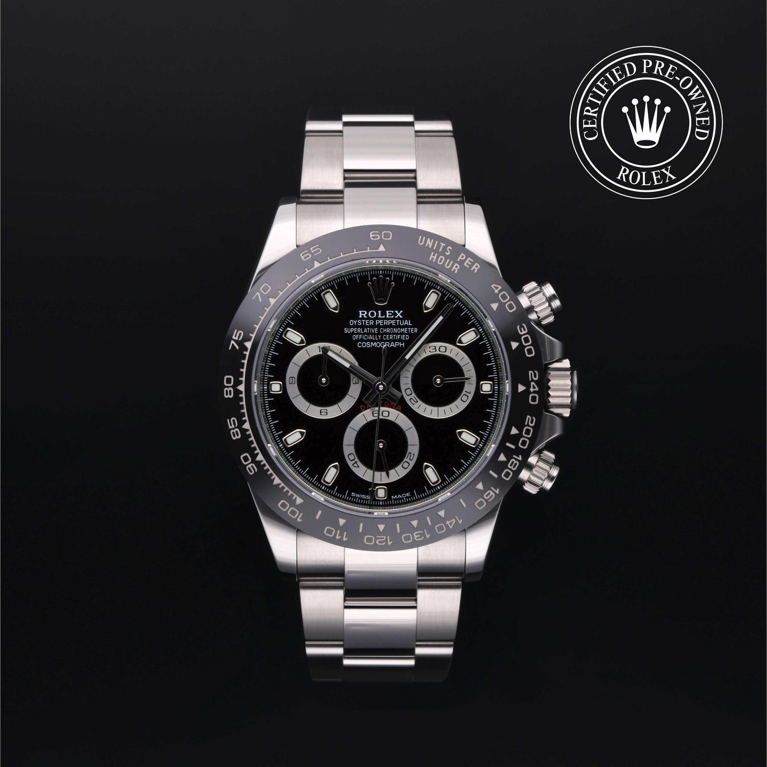 Rolex Certified Pre-owned Daytona M116500LN-0002 front on black background
