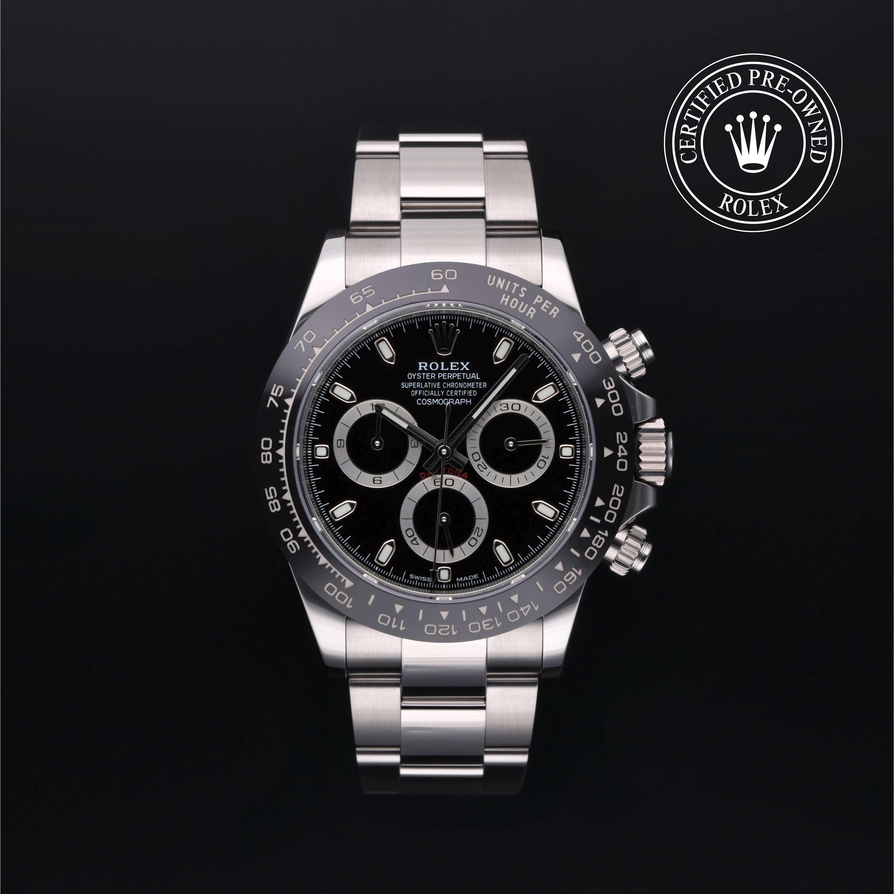 Rolex Certified Pre-owned Daytona M116500LN-0002 front on black background