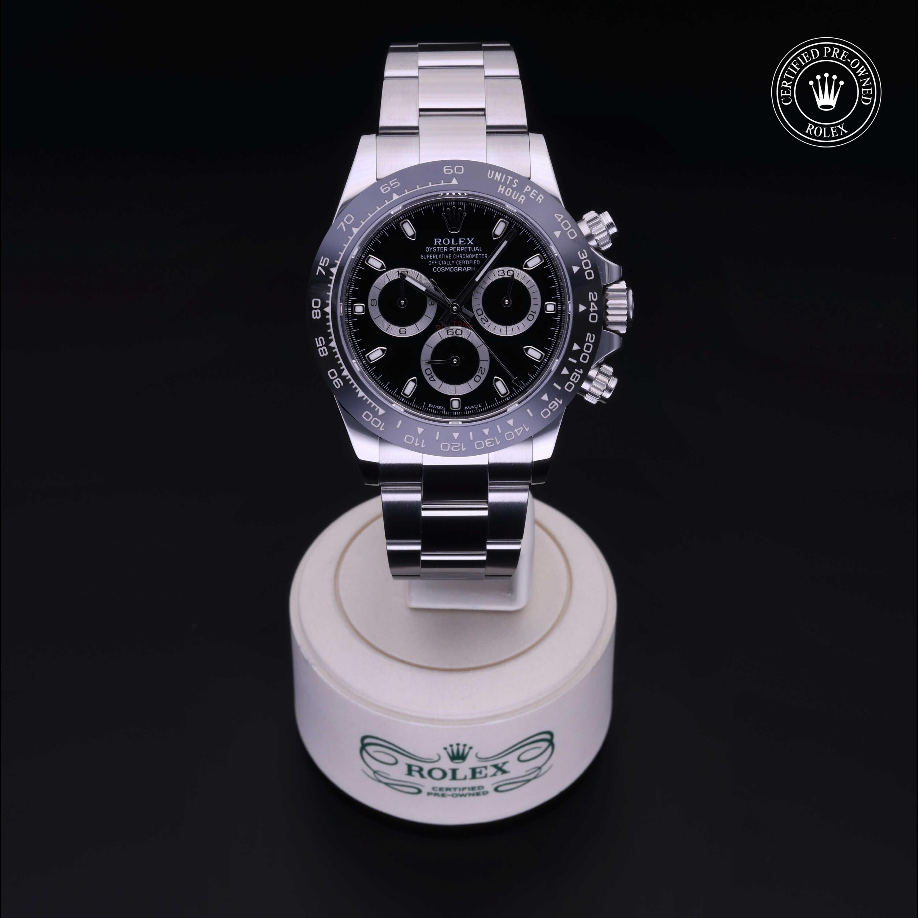 Rolex Certified Pre-owned Daytona M116500LN-0002 front on black background