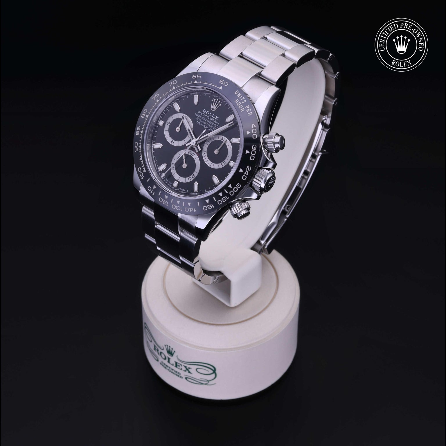 Rolex Certified Pre-owned Daytona M116500LN-0002 front on black background