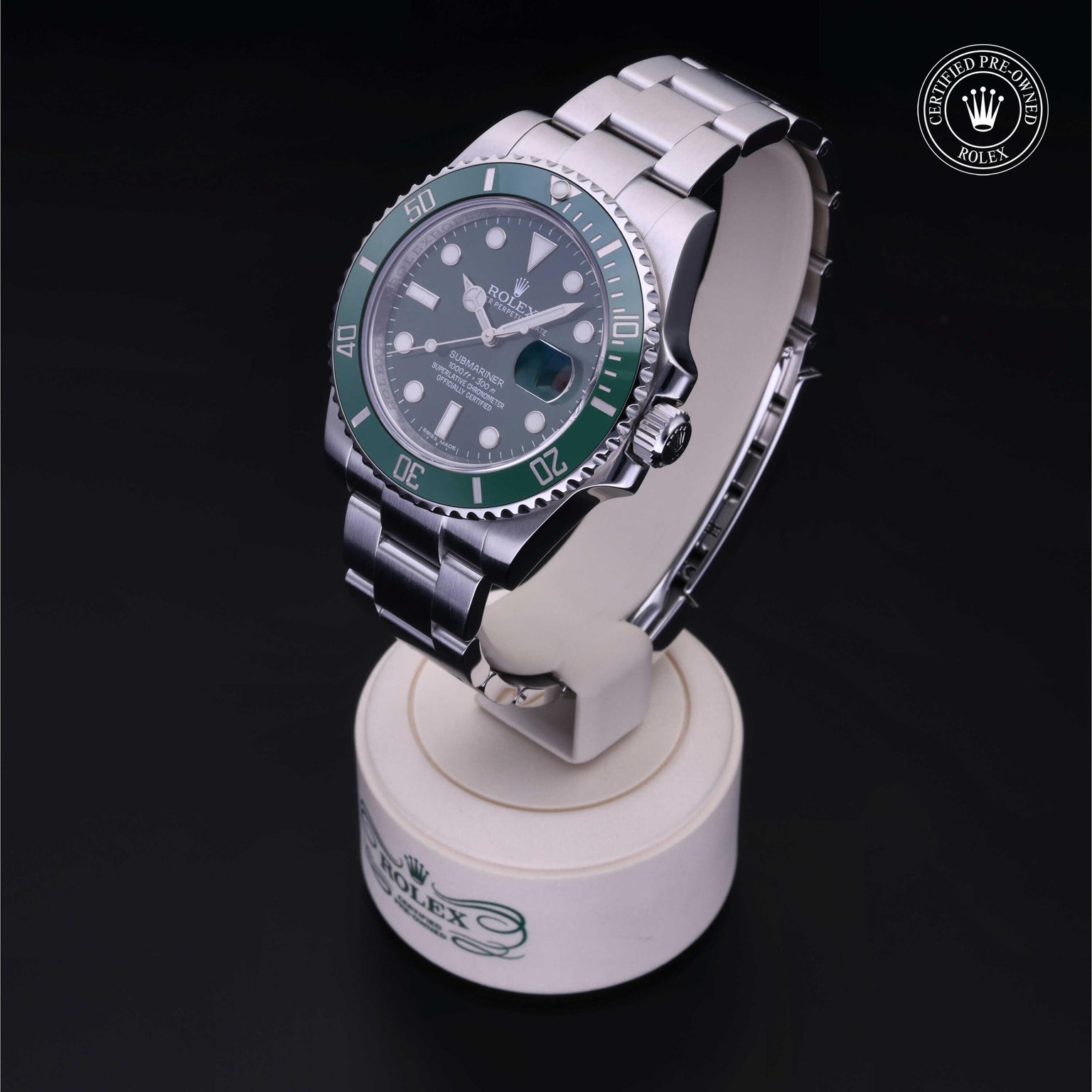 Rolex Certified Pre-owned Submariner M116610LV-0002 front on black background