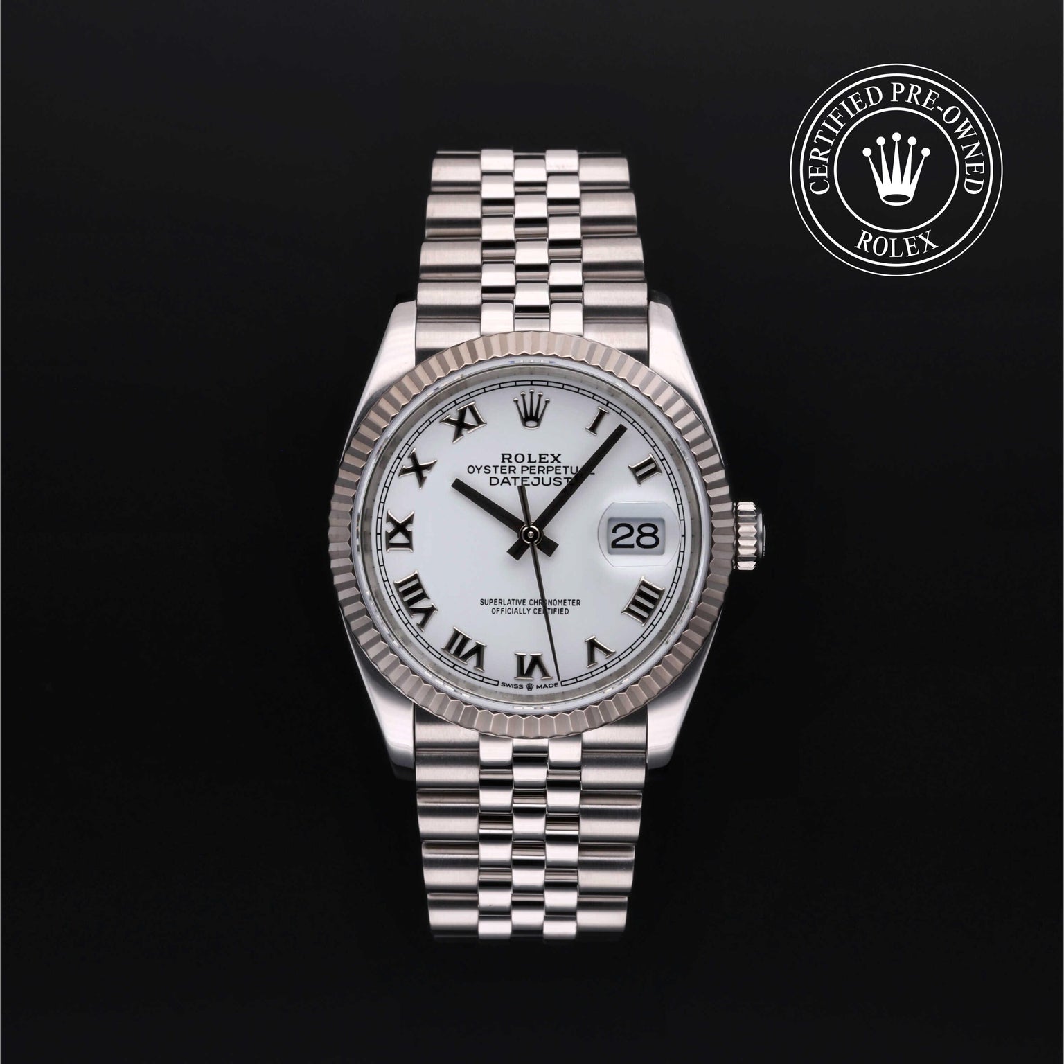 Rolex Certified Pre-owned Datejust M126234-0025 front on black background