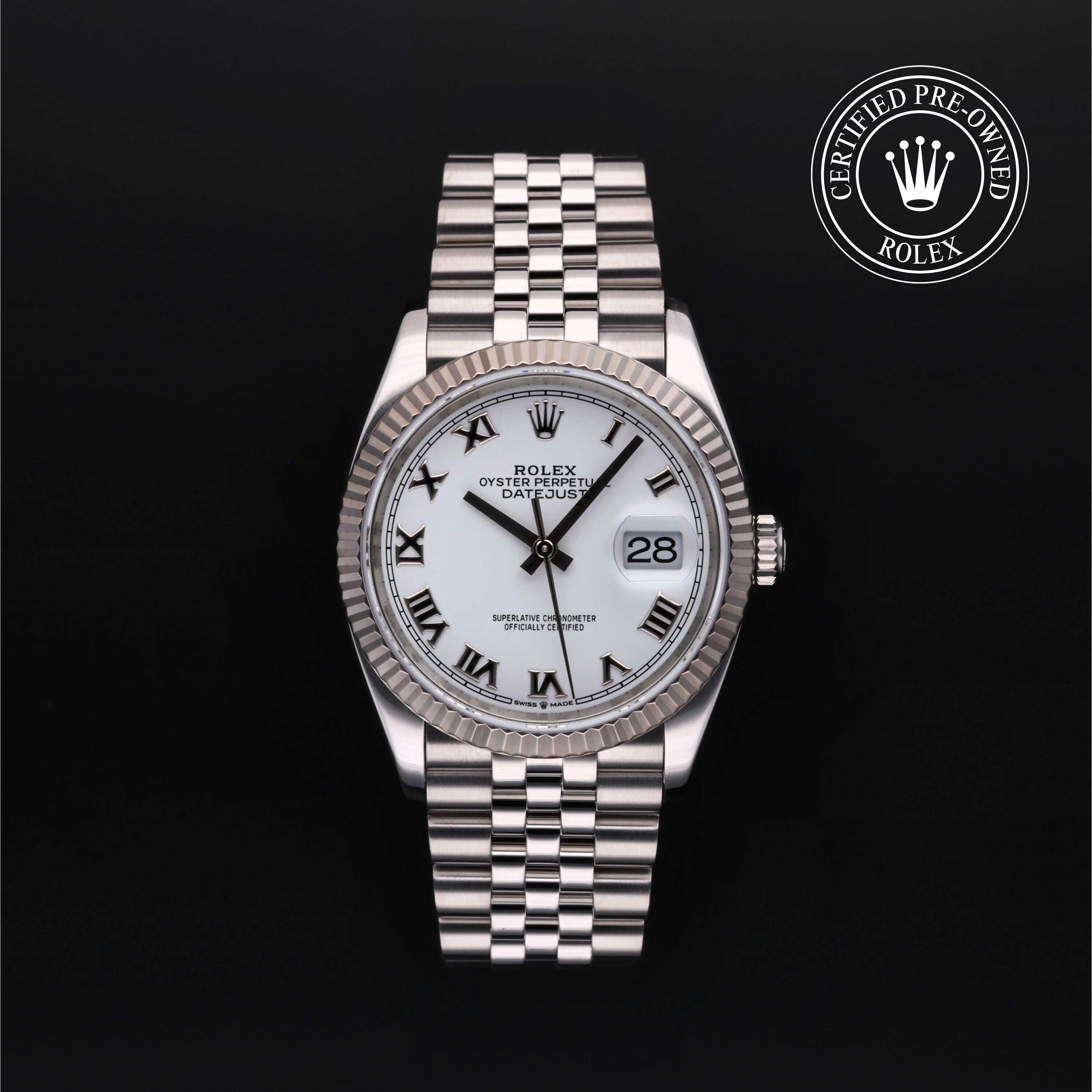 Rolex Certified Pre-owned Datejust M126234-0025 front on black background
