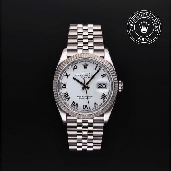 Rolex Certified Pre-owned Datejust M126234-0025 front on black background