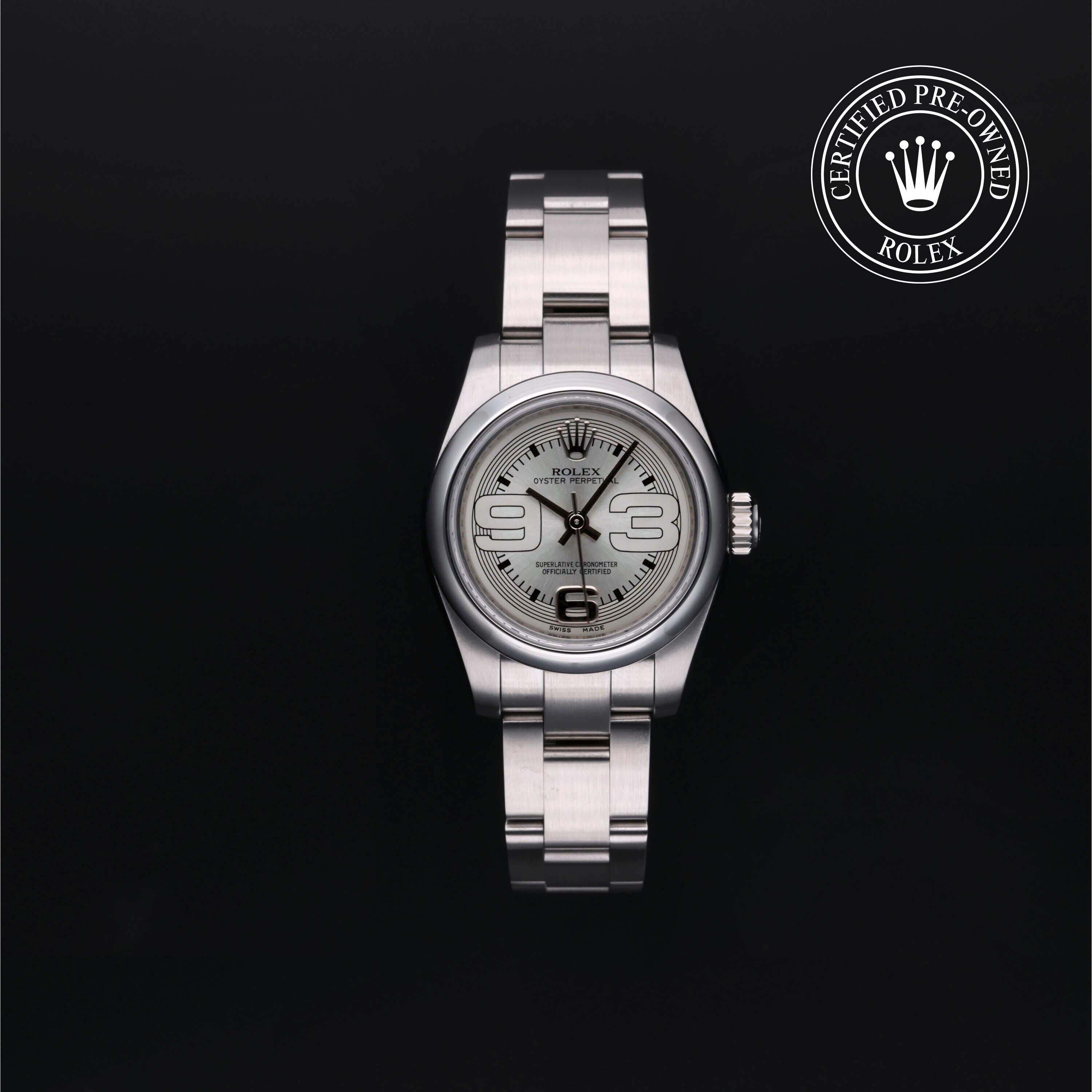 Rolex Certified Pre-owned Oyster Perpetual M176200-0012 front on black background