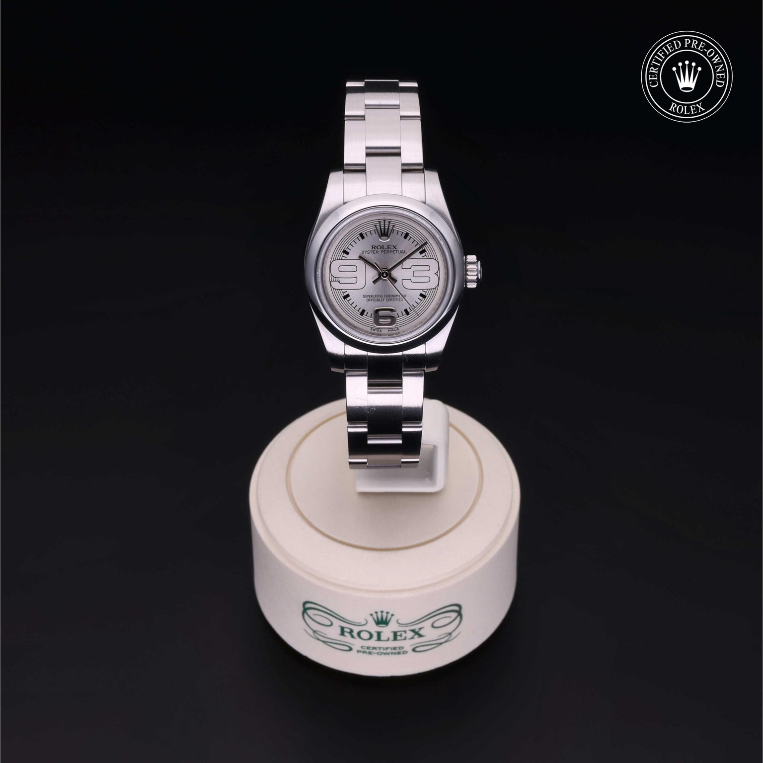 Rolex Certified Pre-owned Oyster Perpetual M176200-0012 front on black background
