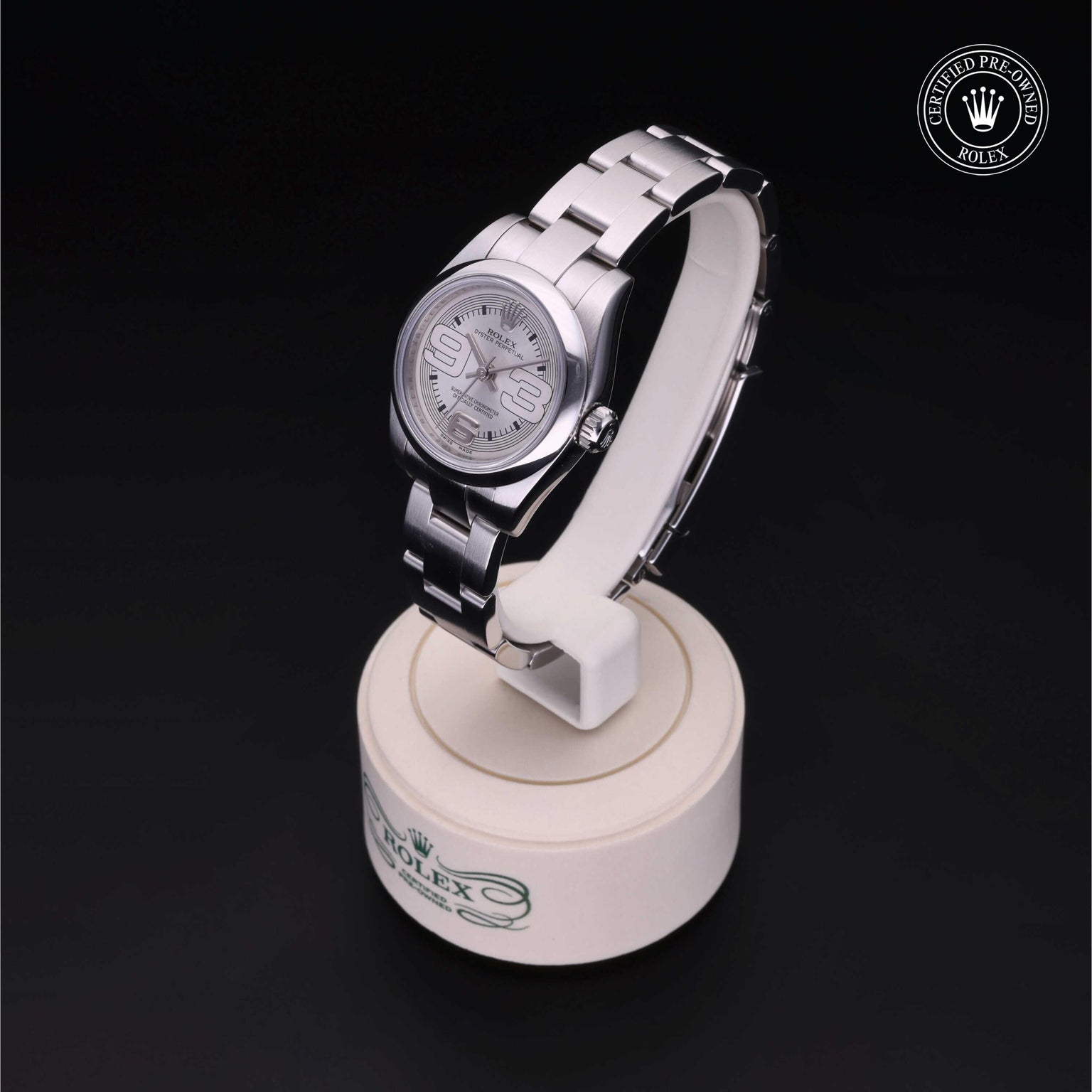 Rolex Certified Pre-owned Oyster Perpetual M176200-0012 front on black background