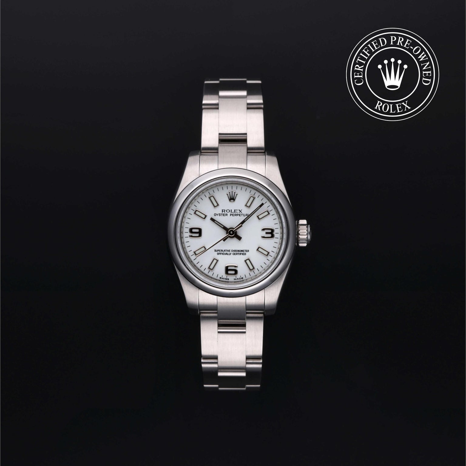 Rolex Certified Pre-owned Oyster Perpetual M176200-0011 front on black background