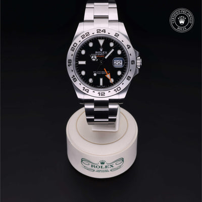 Rolex Certified Pre-owned Explorer M216570-0002 front on black background