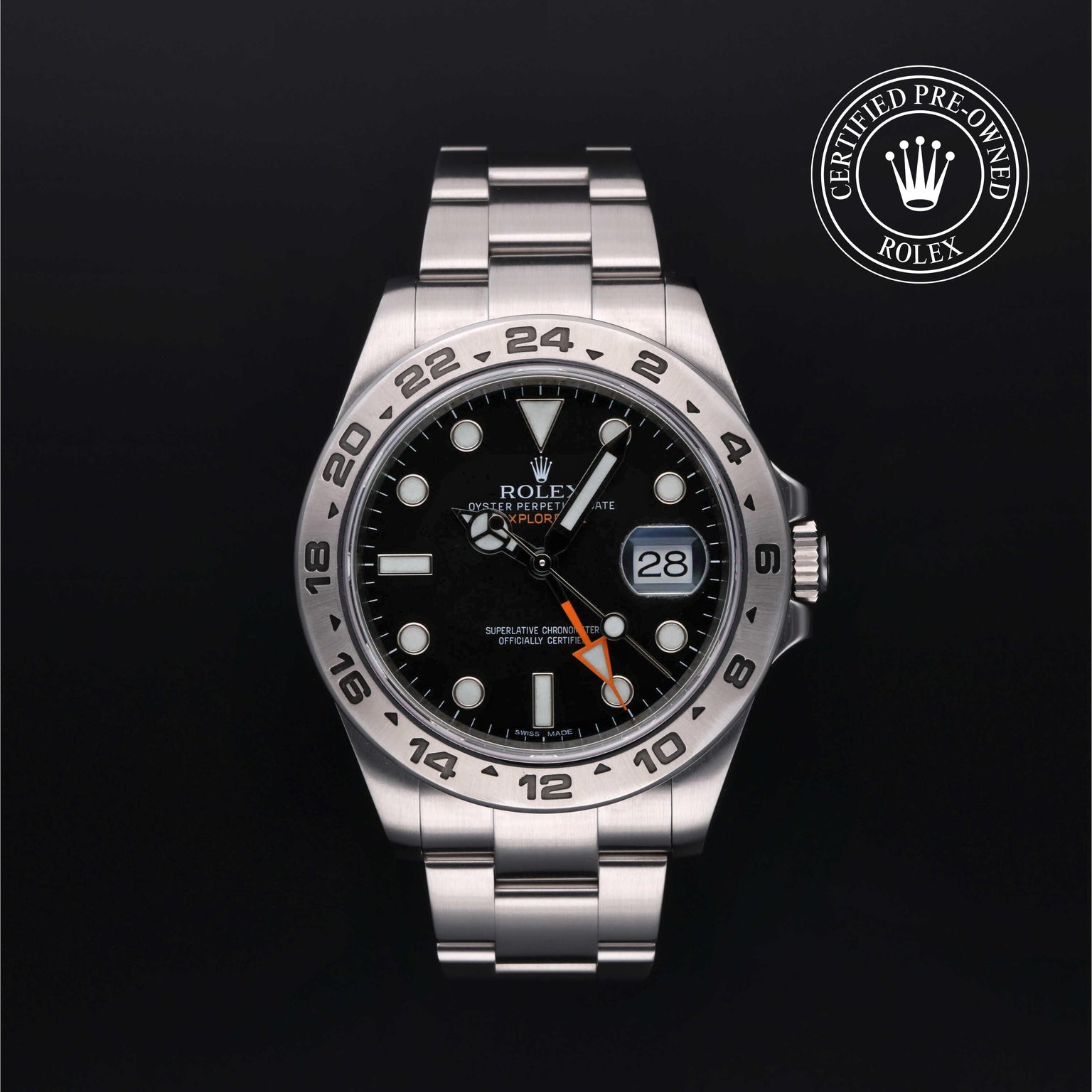 Rolex Certified Pre-owned Explorer M216570-0002 front on black background