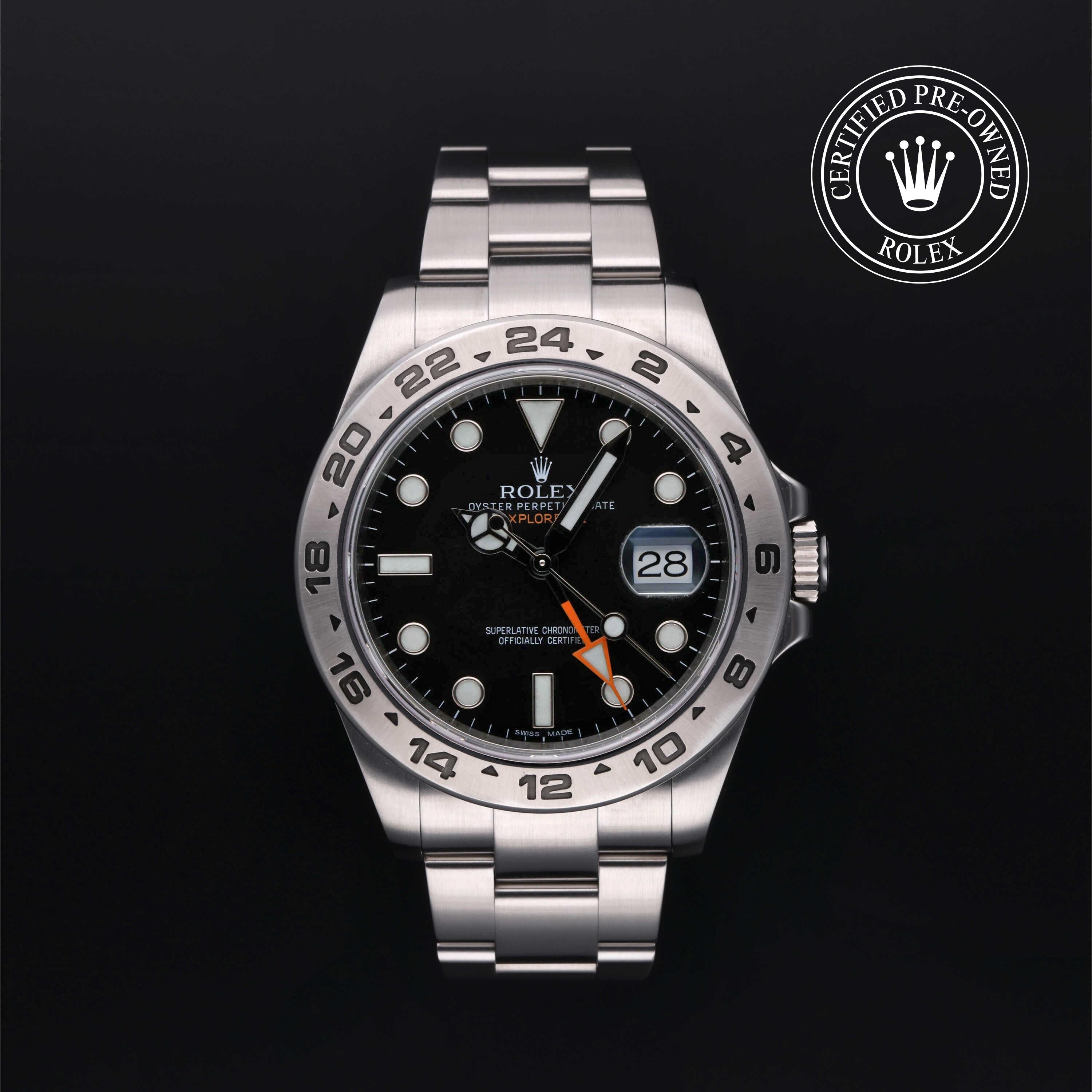 Rolex Certified Pre-owned Explorer M216570-0002 front on black background