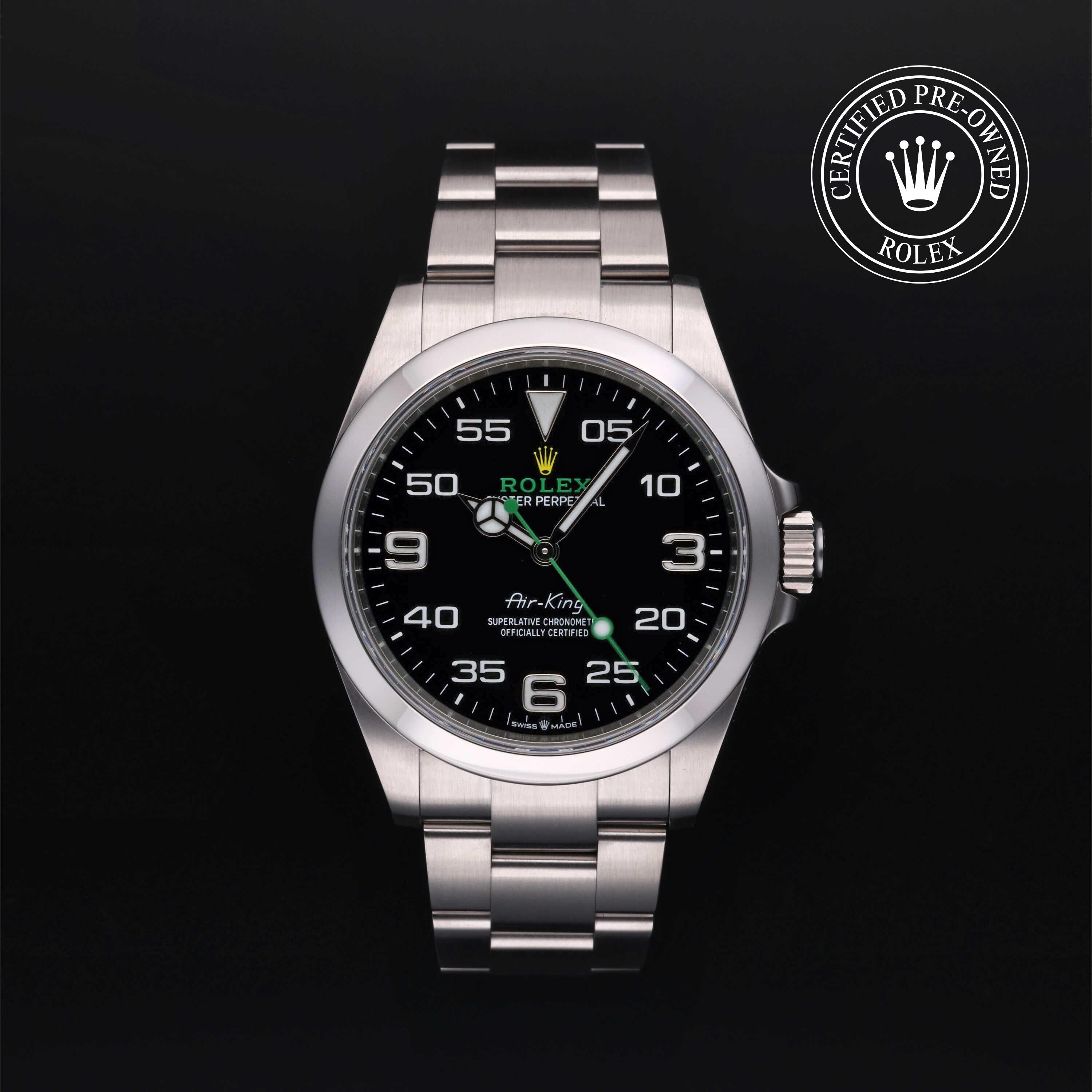 Rolex Certified Pre-owned Air-King M126900-0001 front on black background