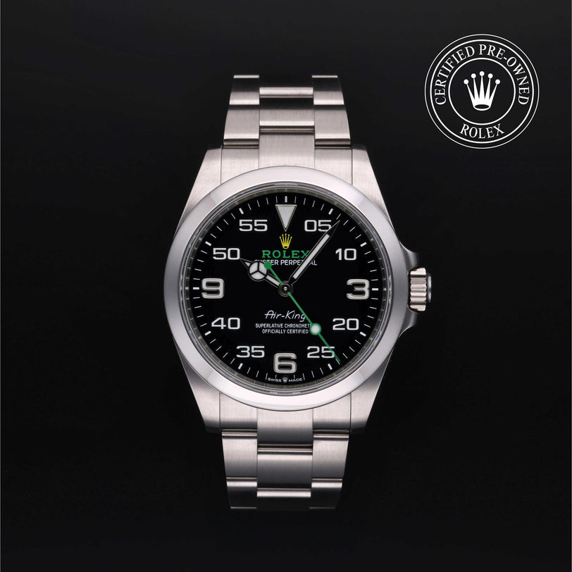 Rolex Certified Pre-owned Air-King M126900-0001 front on black background