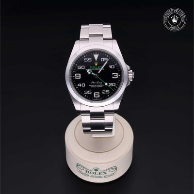 Rolex Certified Pre-owned Air-King M126900-0001 front on black background